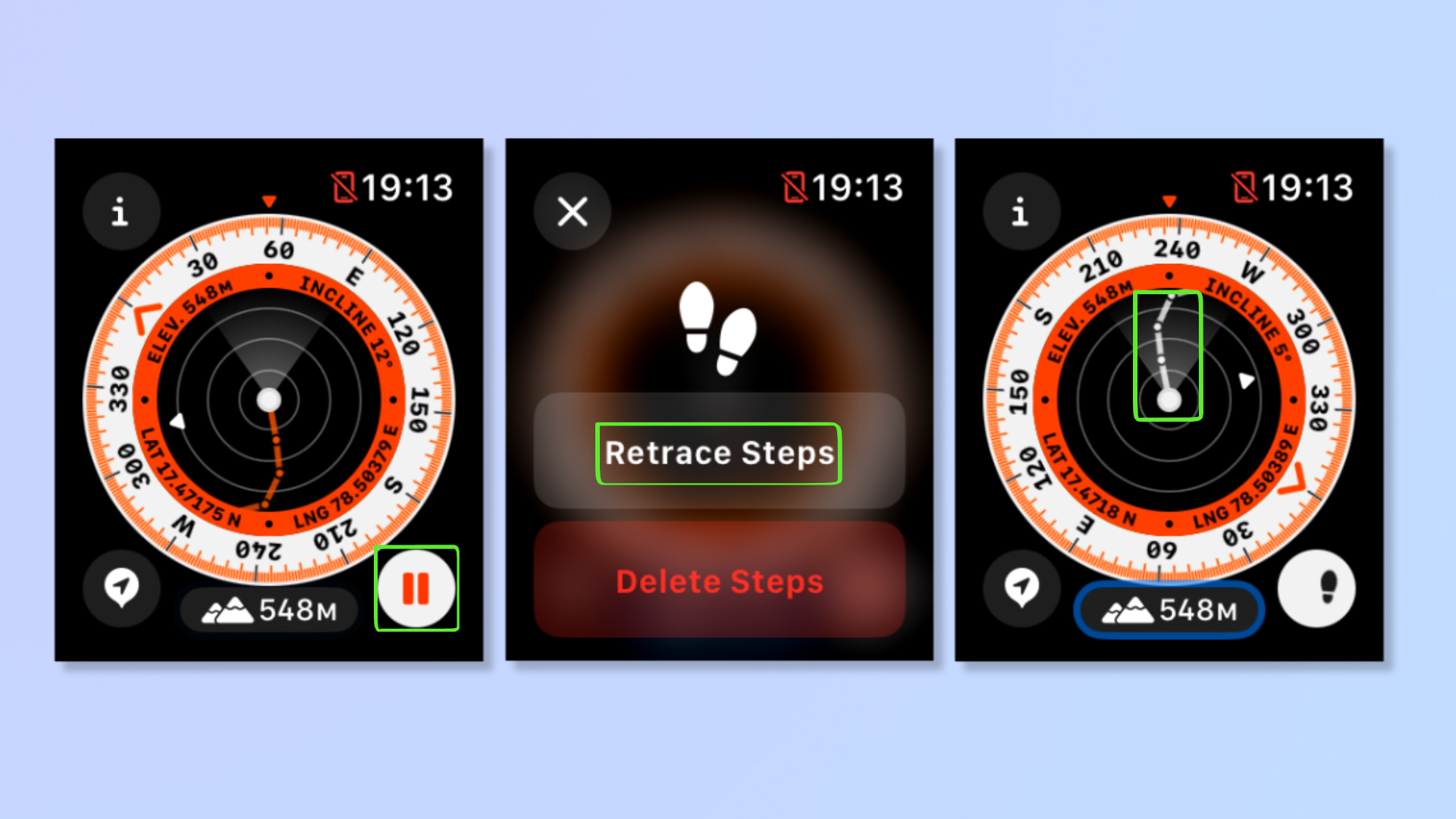 צילומי מסך מרובים של אפליקציית Compass של Apple Watch המדגישים את הכלי Backtrack. 