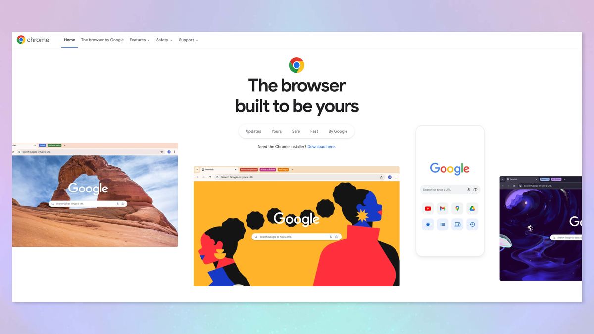 A screenshot of the Google Chrome splash page against a purple and teal background