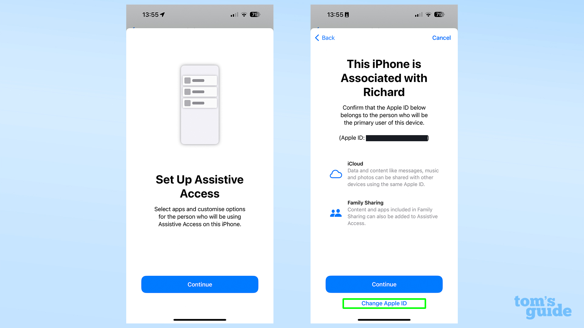 צילומי מסך המציגים את מסך האישור של Apple ID בגישה מסייעת ב-iOS 17