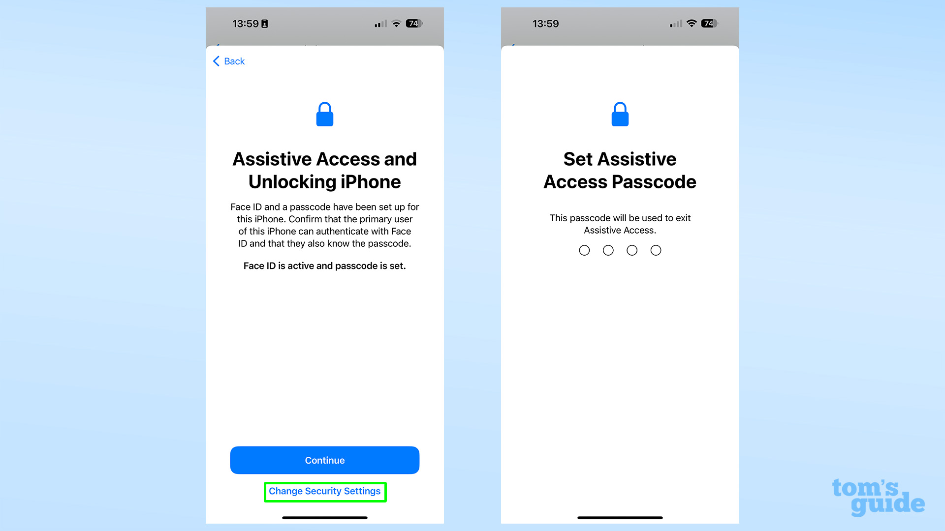 צילומי מסך המציגים הגדרת PIN עבור גישה מסייעת ב-iOS 17