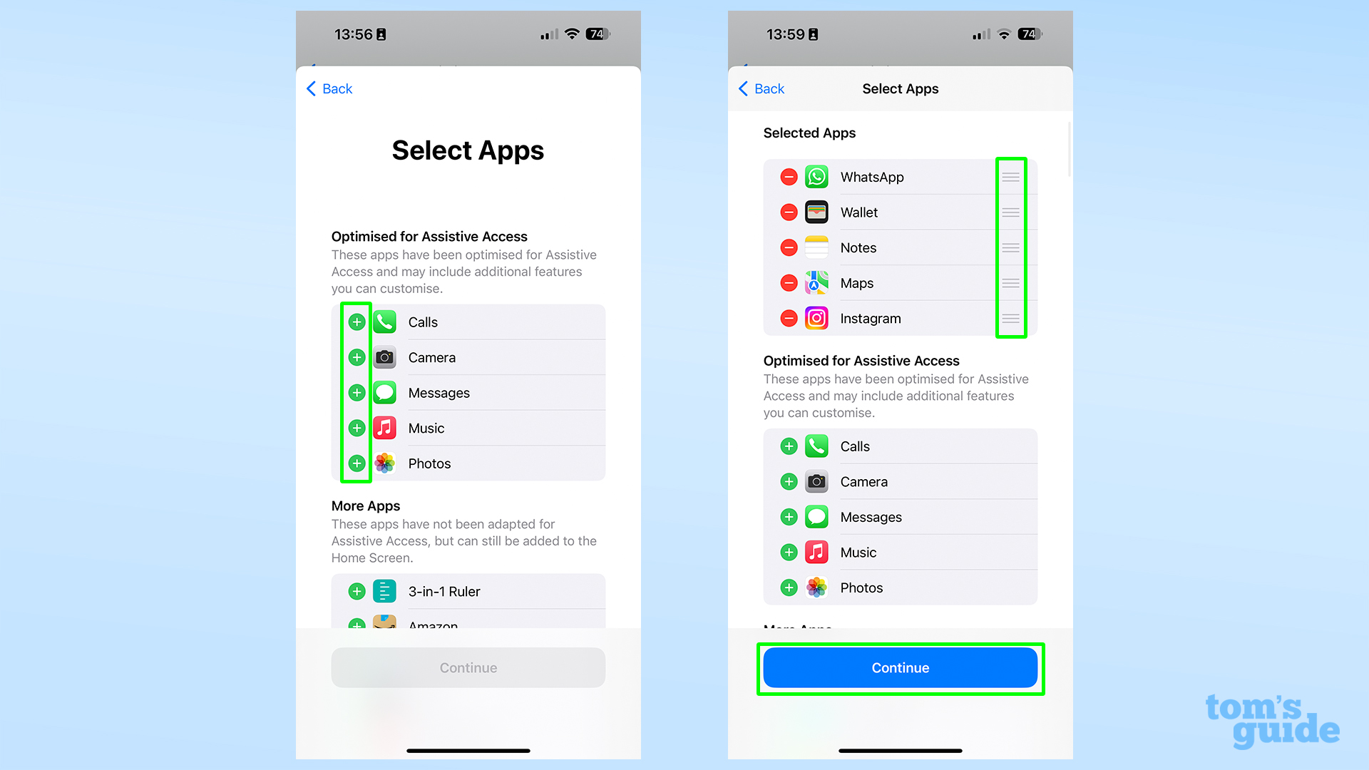 צילומי מסך המציגים את ממשק בחירת האפליקציה של גישה מסייעת ב-iOS 17