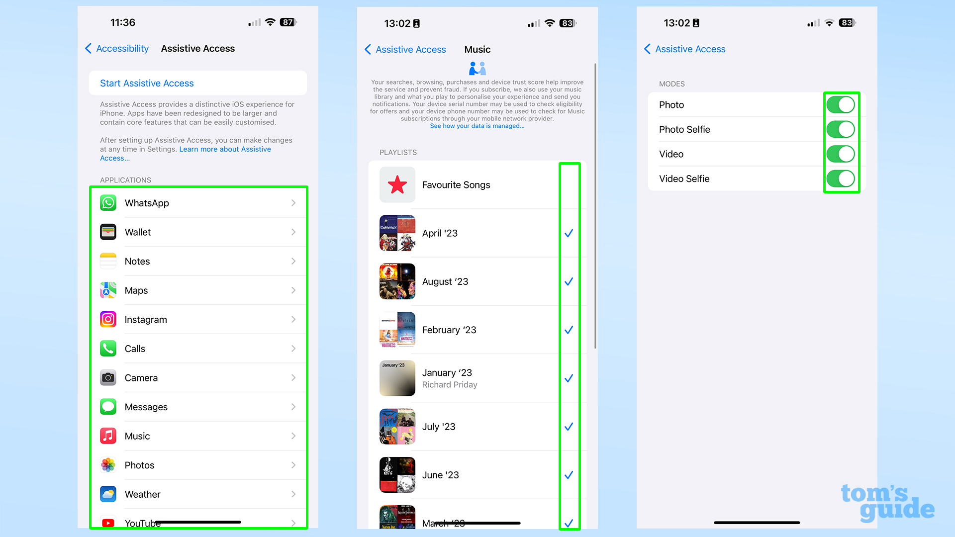צילומי מסך המציגים את הגדרת Apple Music ומצלמה בגישה מסייעת ב-iOS 17