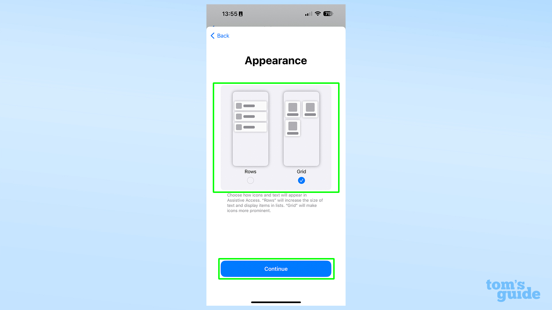 צילום מסך המציג את מסך בחירת הפריסה בגישה מסייעת ב-iOS 17