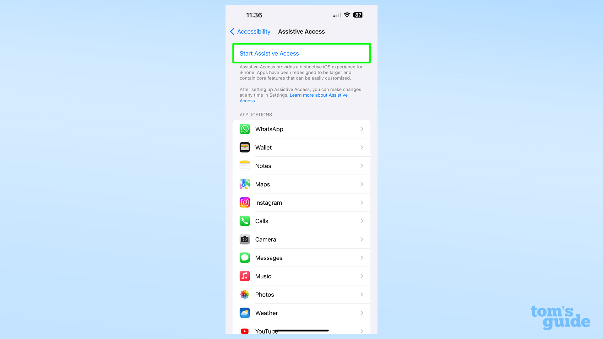 צילום מסך המציג את לחצן התחל גישה מסייעת ב-iOS 17