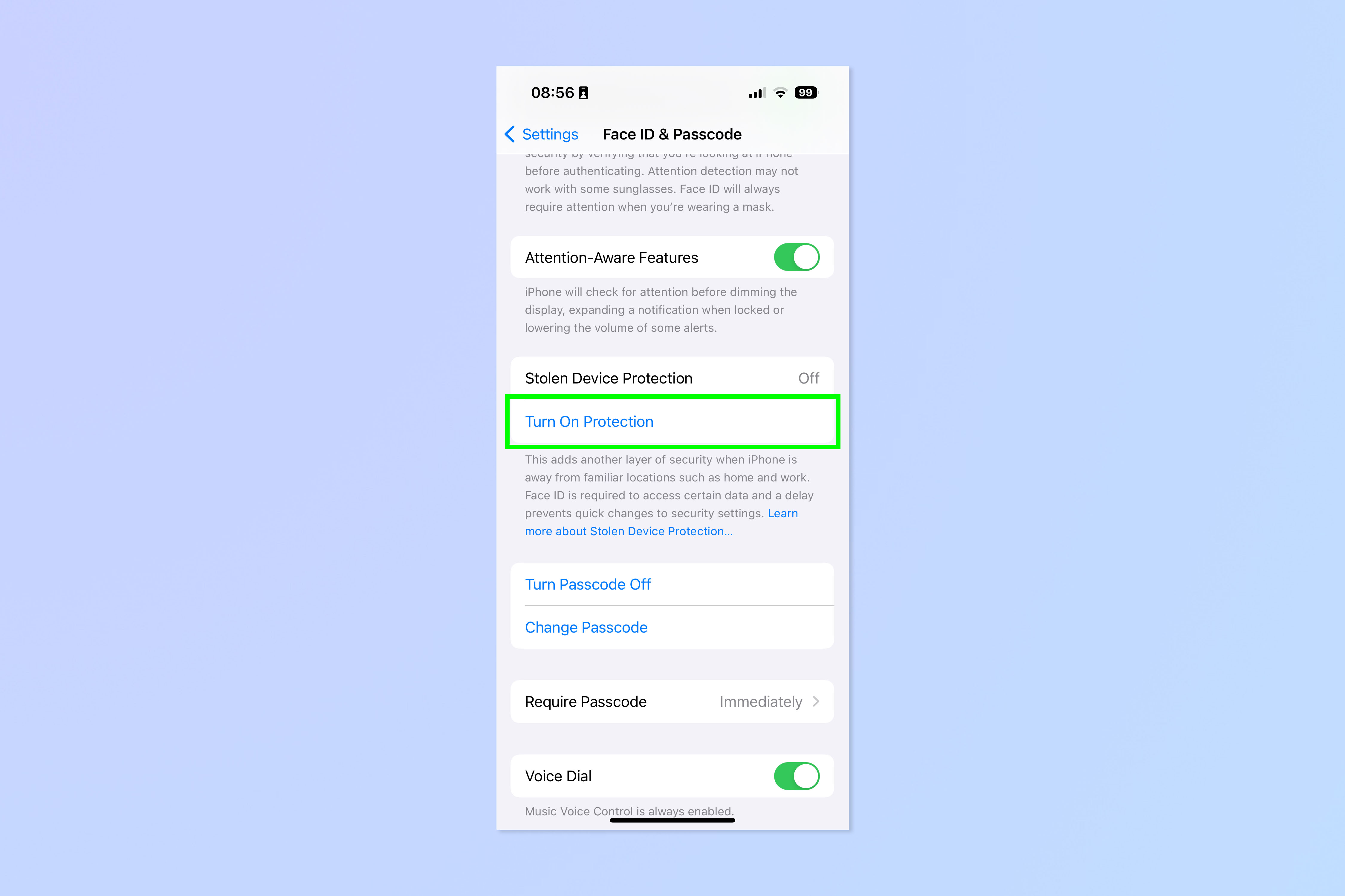 צילום מסך המראה כיצד להפעיל ולהשבית את הגנת מכשיר גנוב באייפון