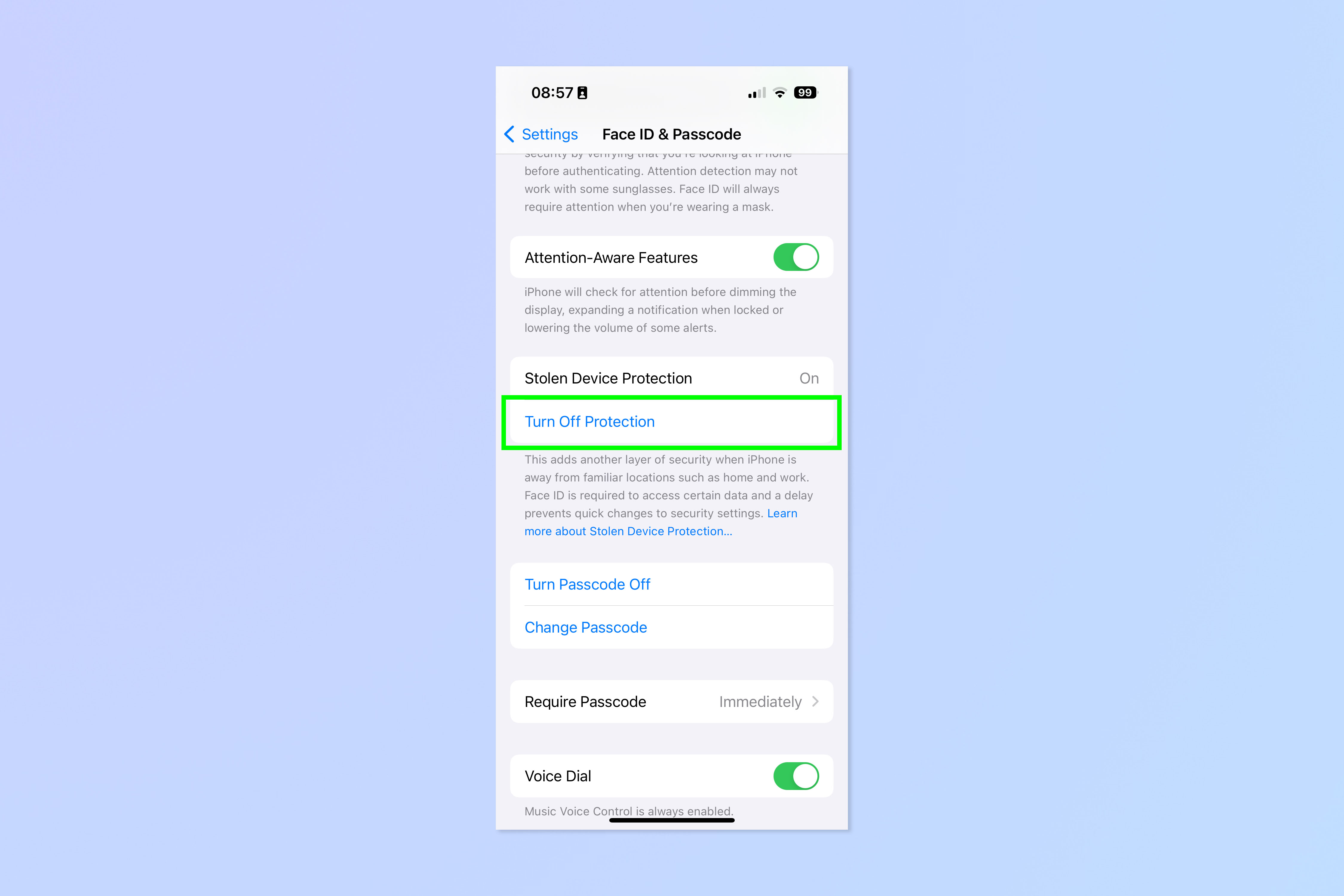 צילום מסך המראה כיצד להפעיל ולהשבית את הגנת מכשיר גנוב באייפון