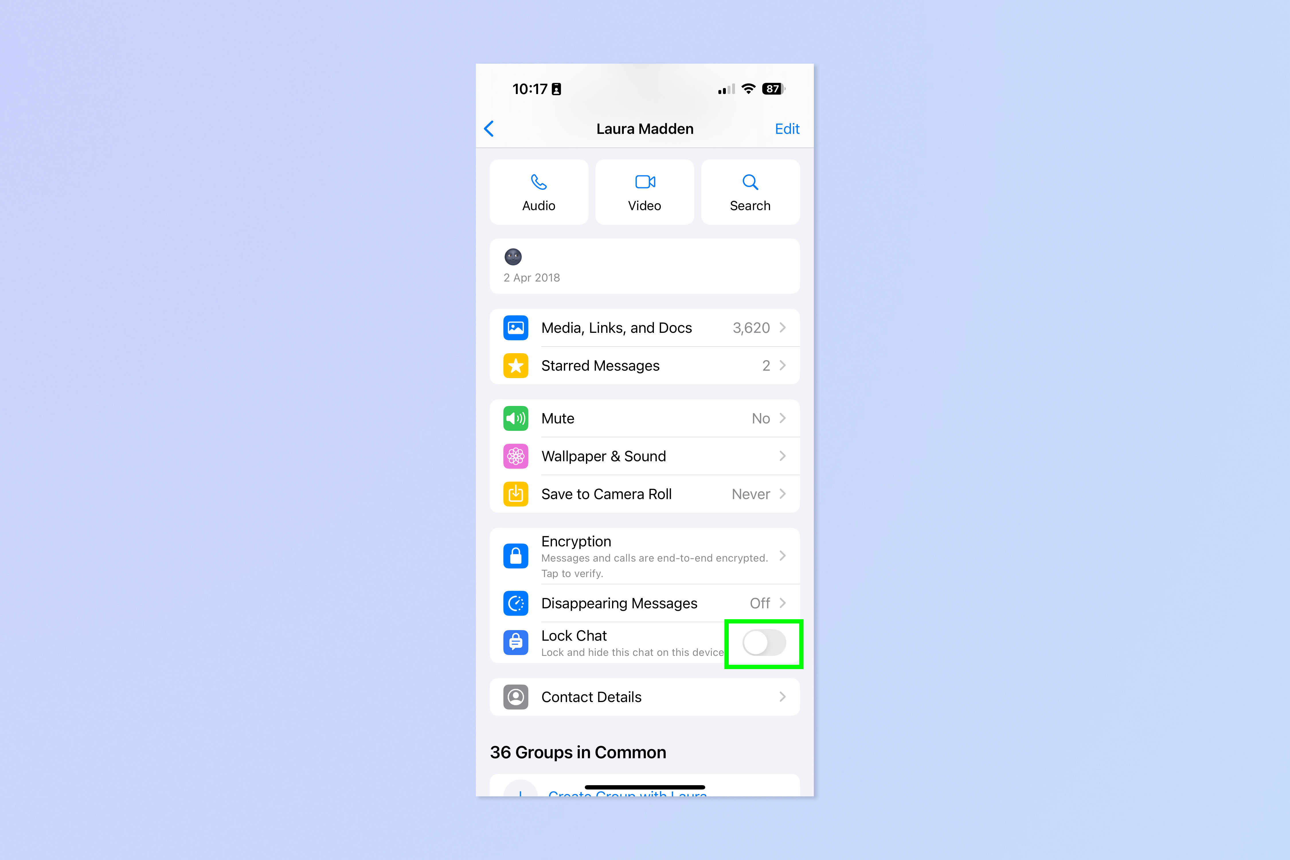 צילום מסך המראה כיצד לנעול צ'אטים בודדים ב- WhatsApp