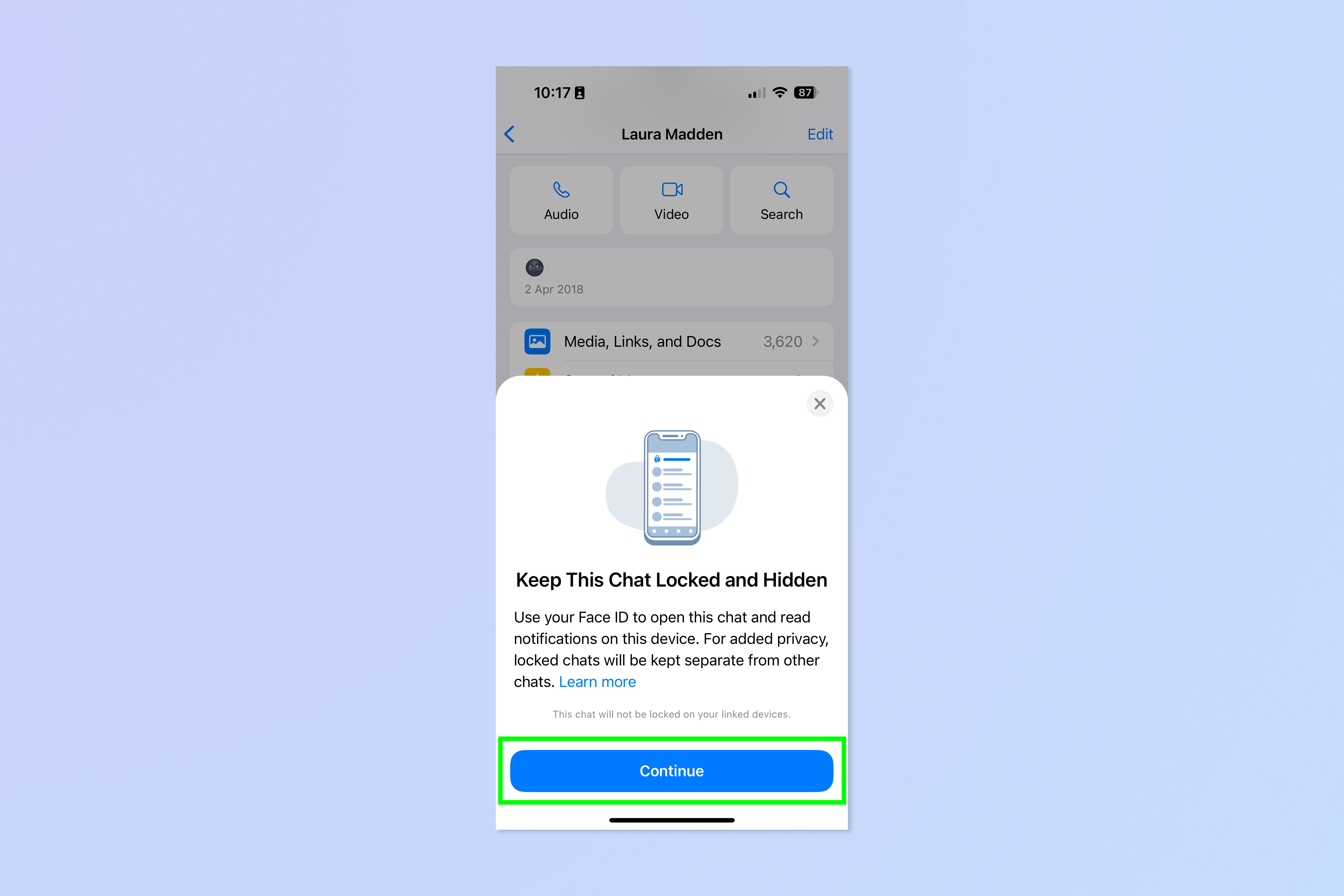 צילום מסך המראה כיצד לנעול צ'אטים בודדים ב- WhatsApp