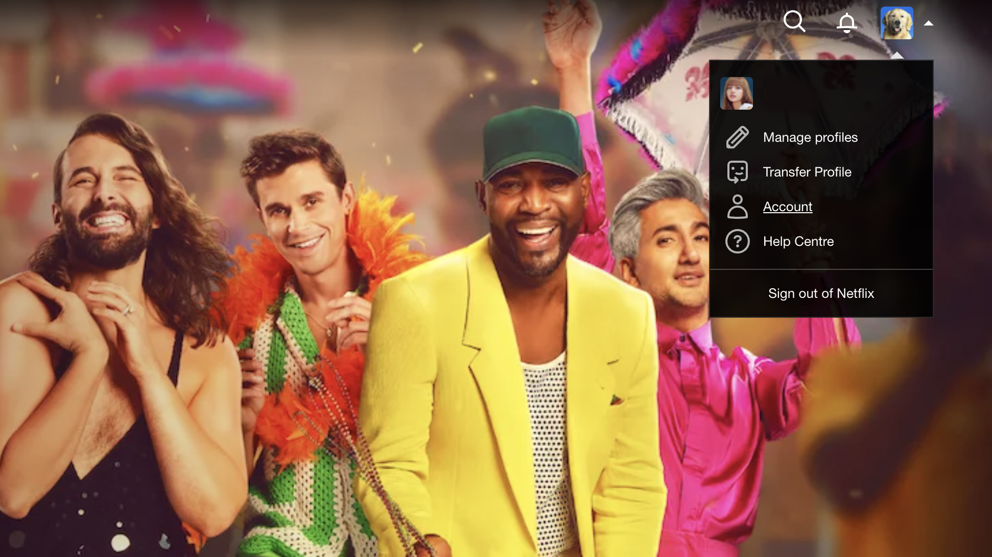 תמונה של דף הבית והתפריט הנפתח של Netflix, הכוללים את Queer Eye