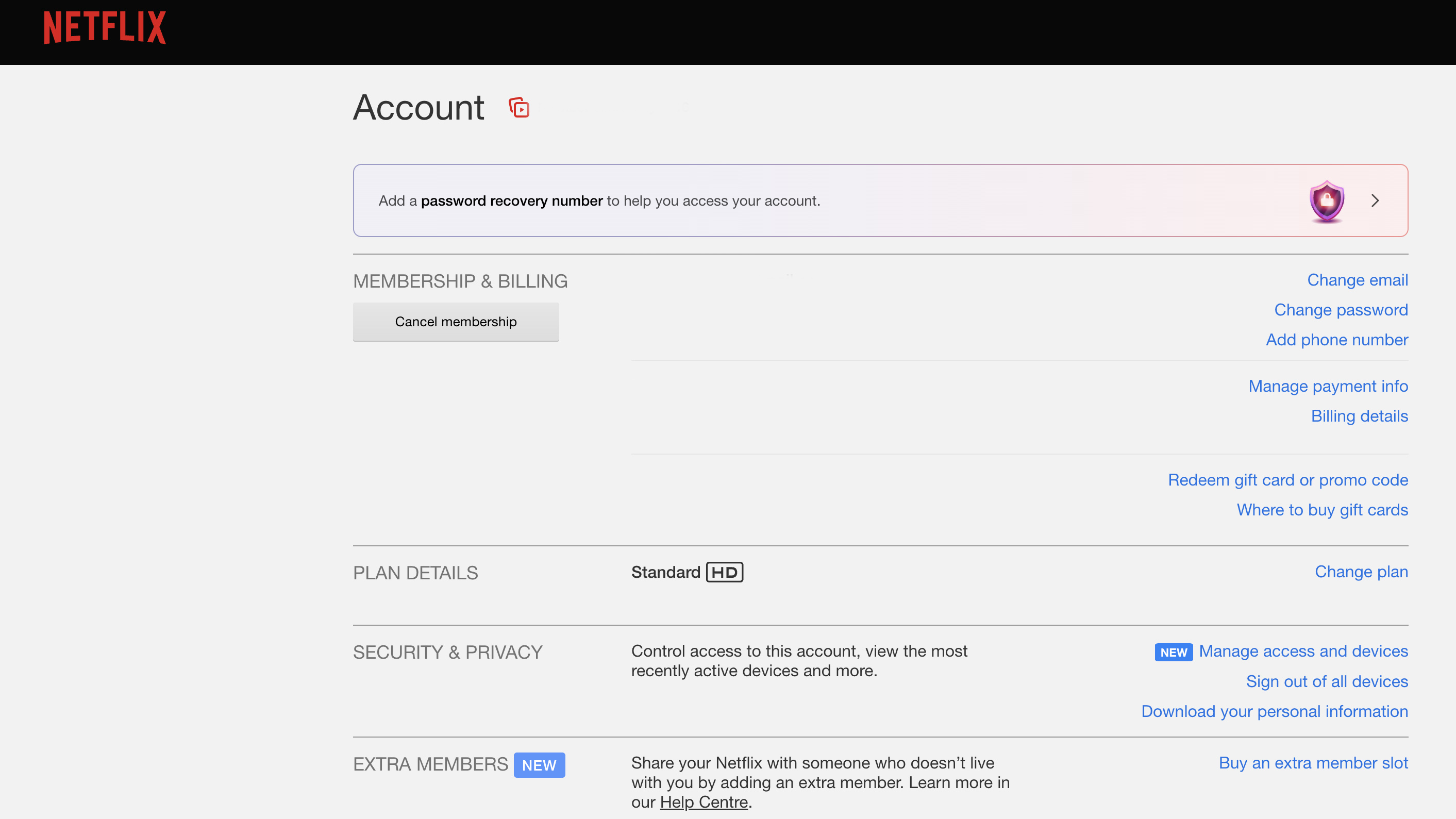 צילום מסך של דף חשבון Netflix