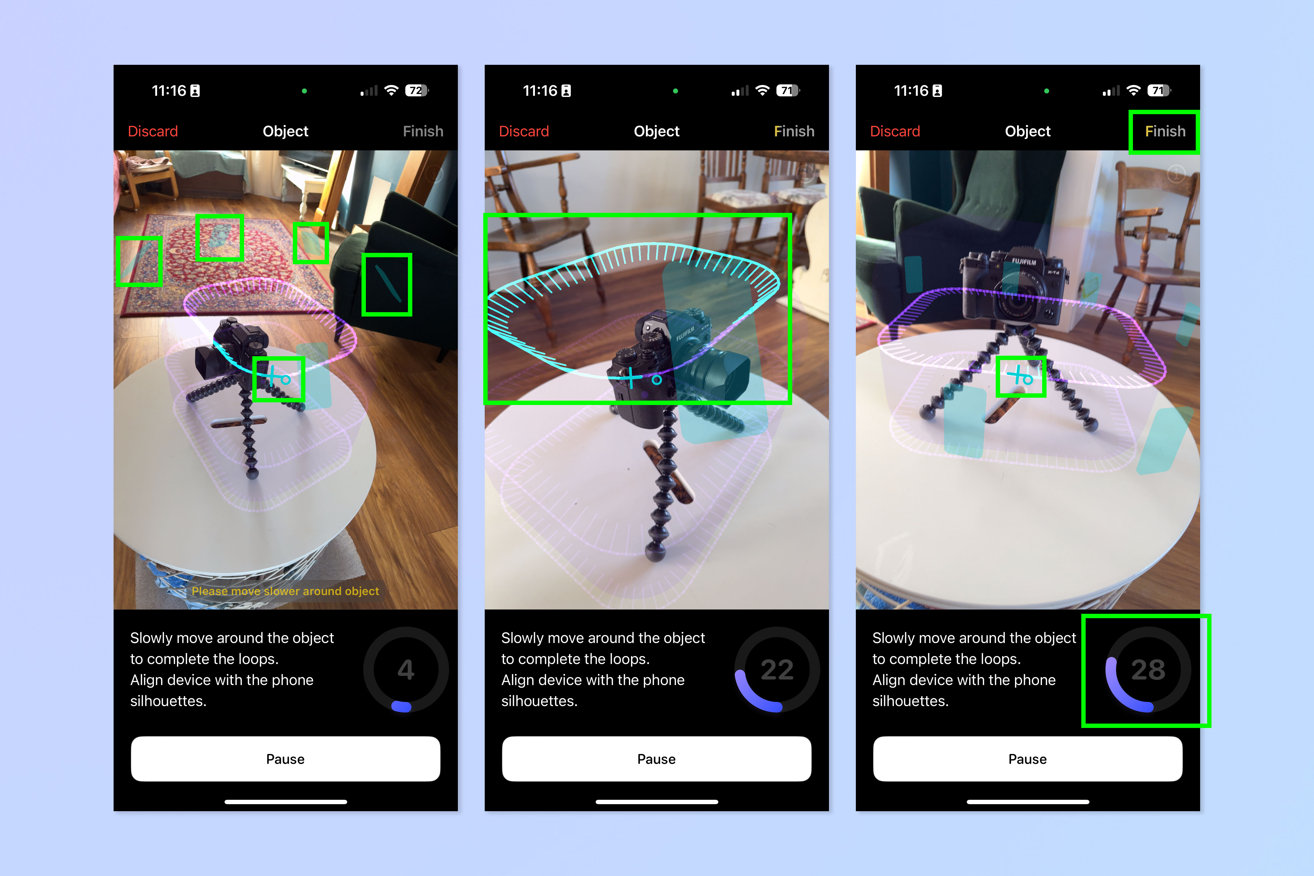 צילום מסך של אפליקציית Luma AI המשמשת ללכידת תלת מימד של מצלמת Fujifilm שחורה