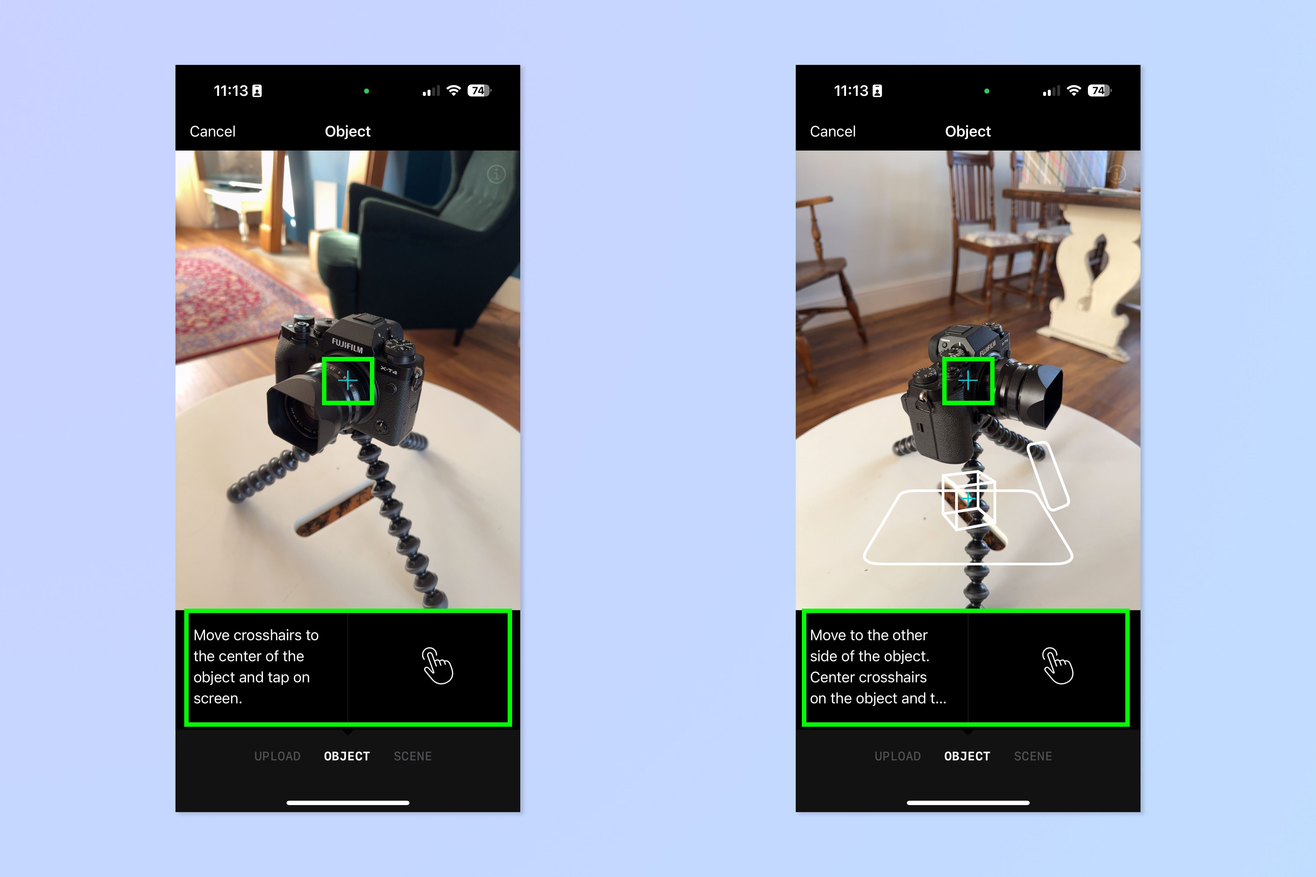 צילום מסך של אפליקציית Luma AI המשמשת ללכידת תלת מימד של מצלמת Fujifilm שחורה