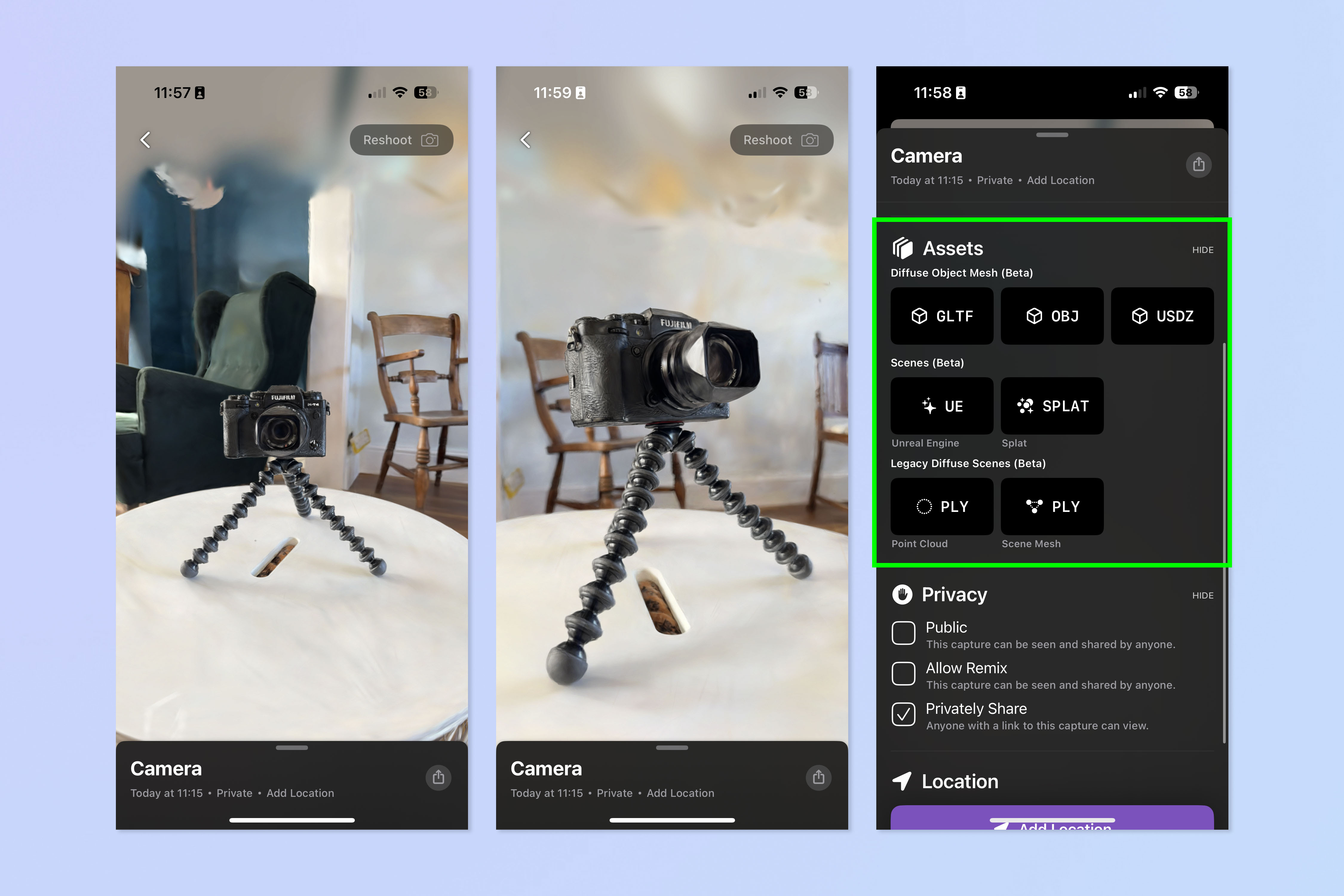 צילום מסך של אפליקציית Luma AI המשמשת ללכידת תלת מימד של מצלמת Fujifilm שחורה