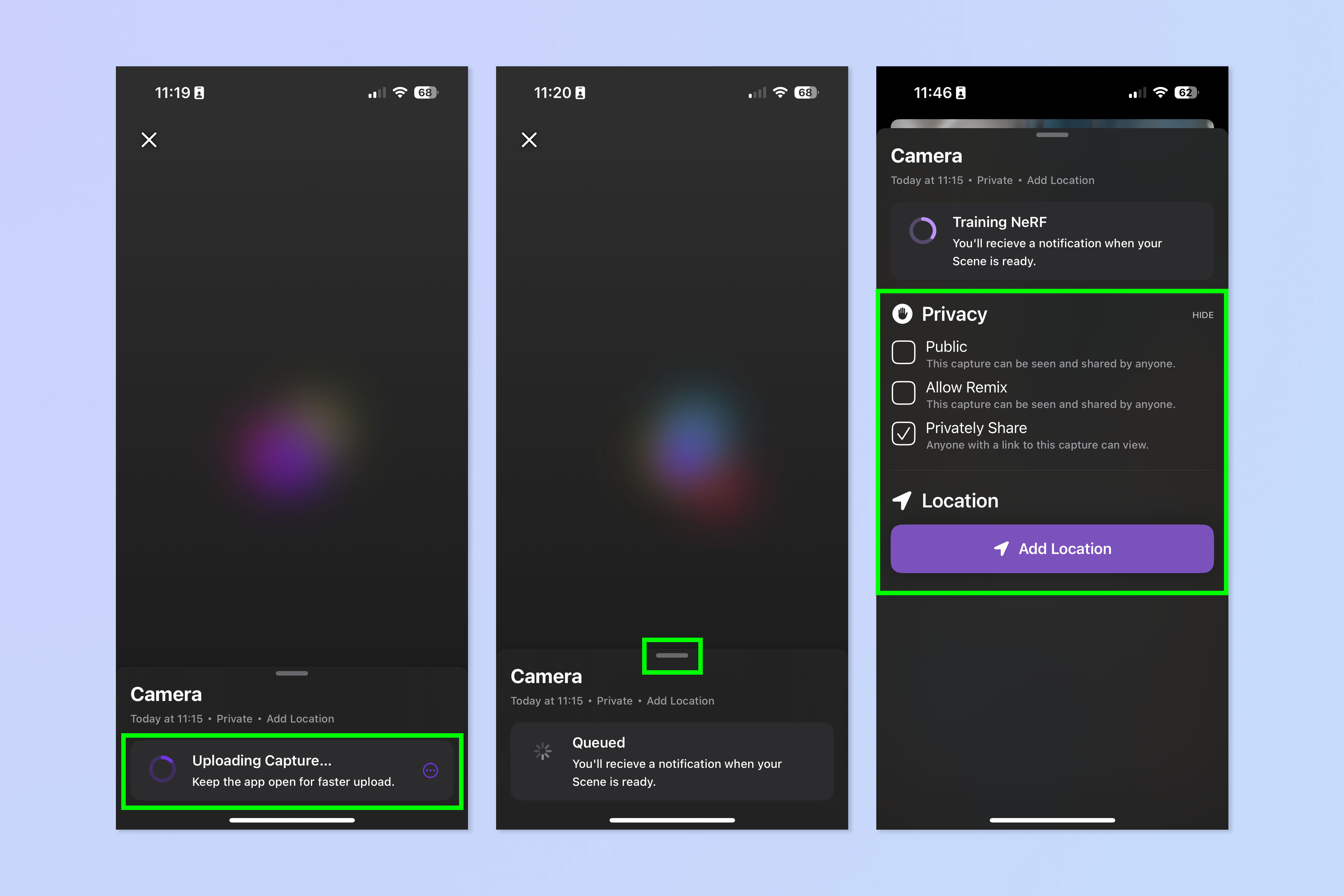 צילום מסך של אפליקציית Luma AI המשמשת ללכידת תלת מימד של מצלמת Fujifilm שחורה