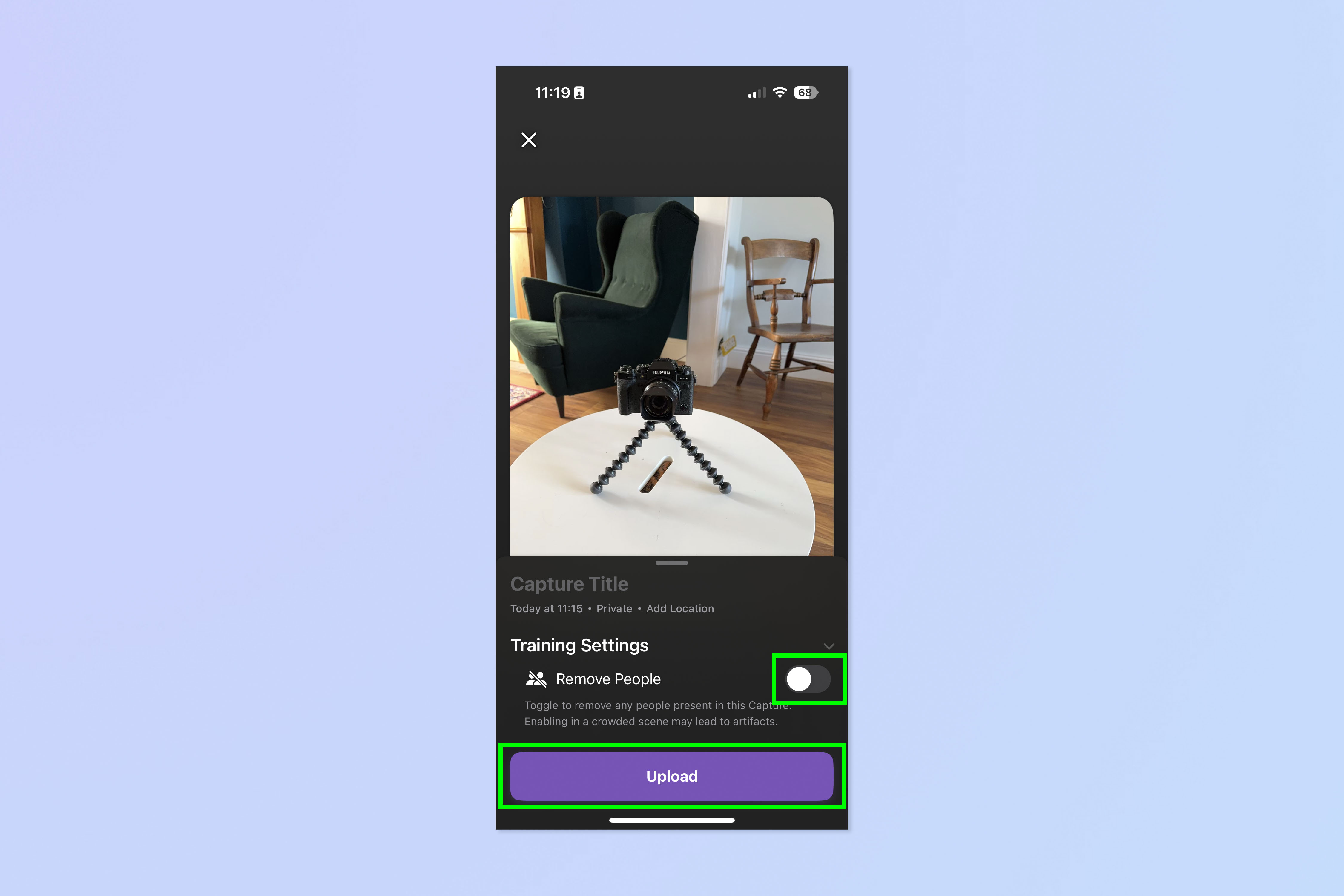 צילום מסך של אפליקציית Luma AI המשמשת ללכידת תלת מימד של מצלמת Fujifilm שחורה