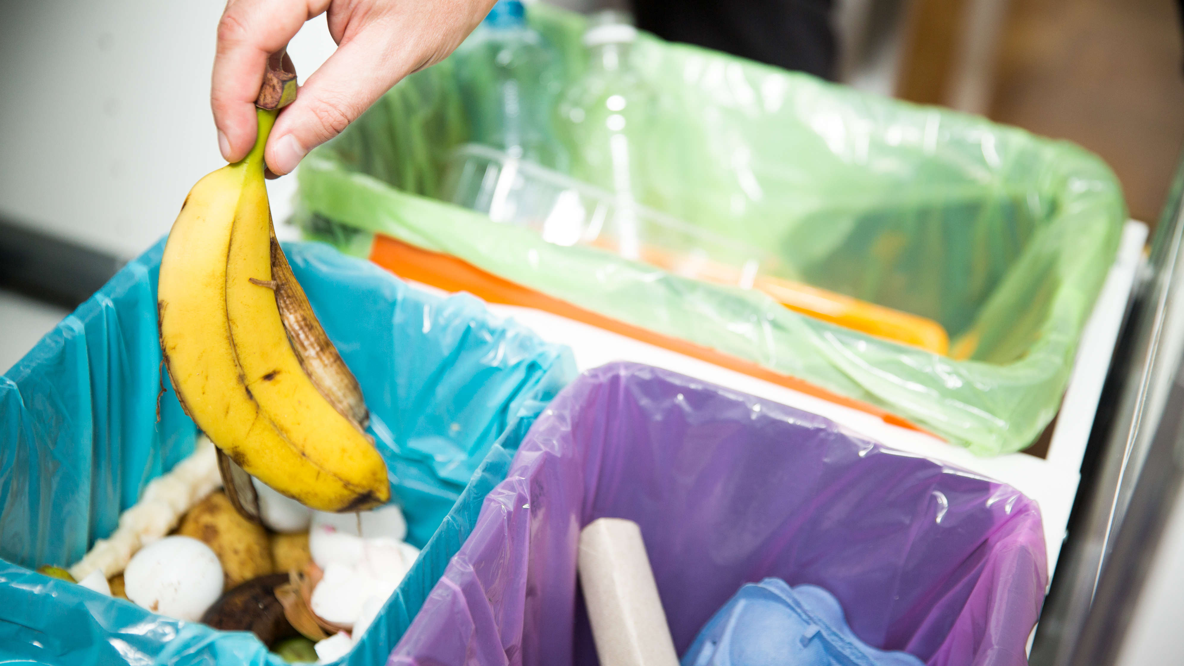 פחי מחזור למטבח המציגים שלושה אזורים שונים לפסולת
