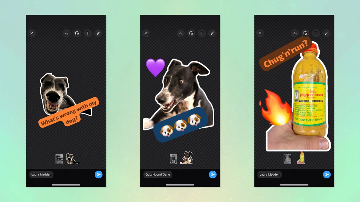 Three screenshots from the WhatsApp Sticker creator on iPhone
