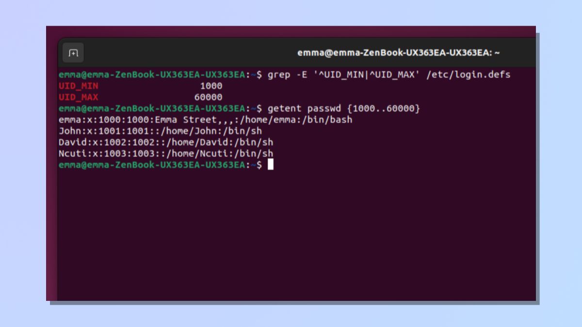 צילום מסך המראה כיצד לרשום משתמשים בלינוקס - רשימה של משתמשים אנושיים בלבד