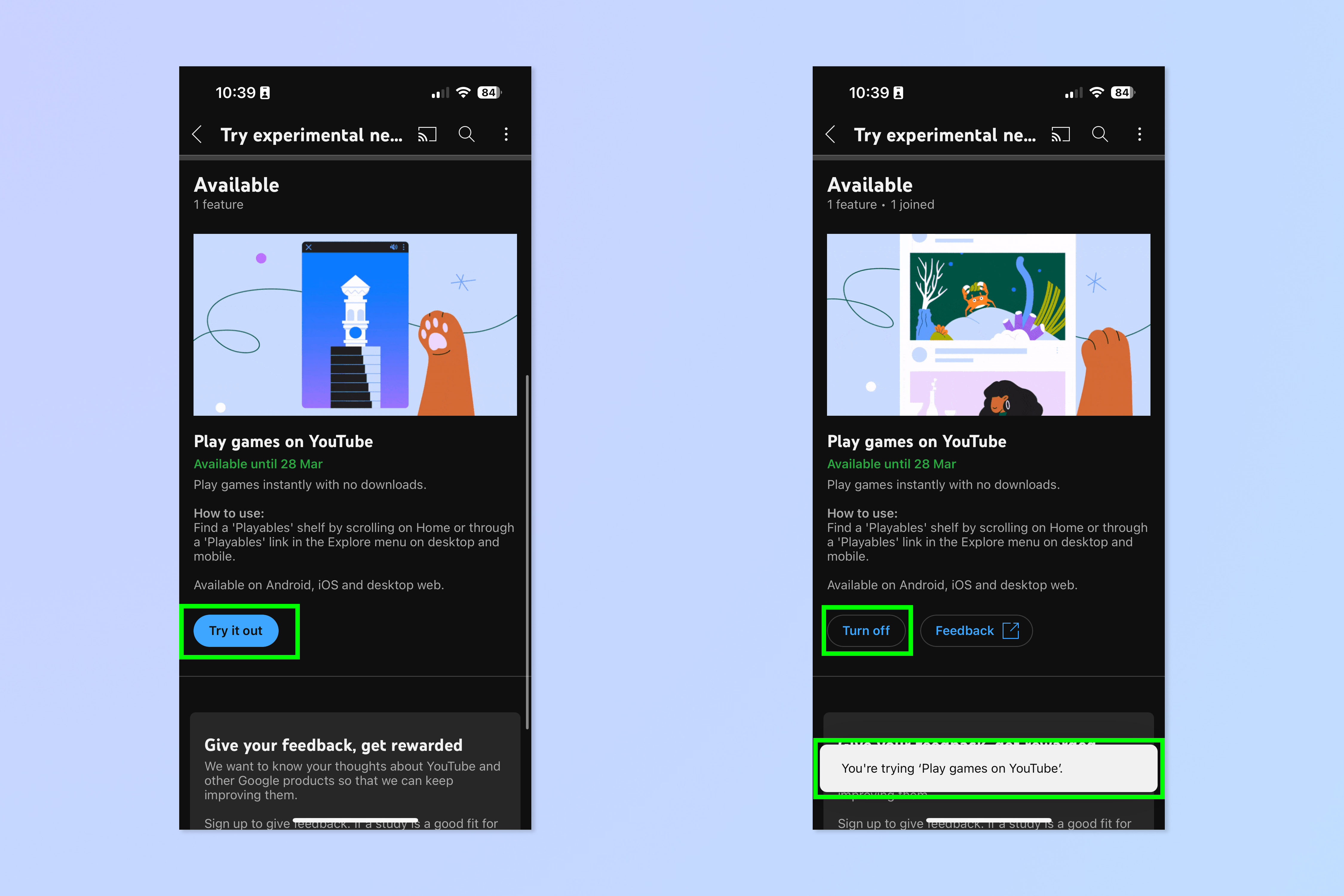 צילום מסך המראה כיצד לשחק משחקים באפליקציית YouTube לנייד