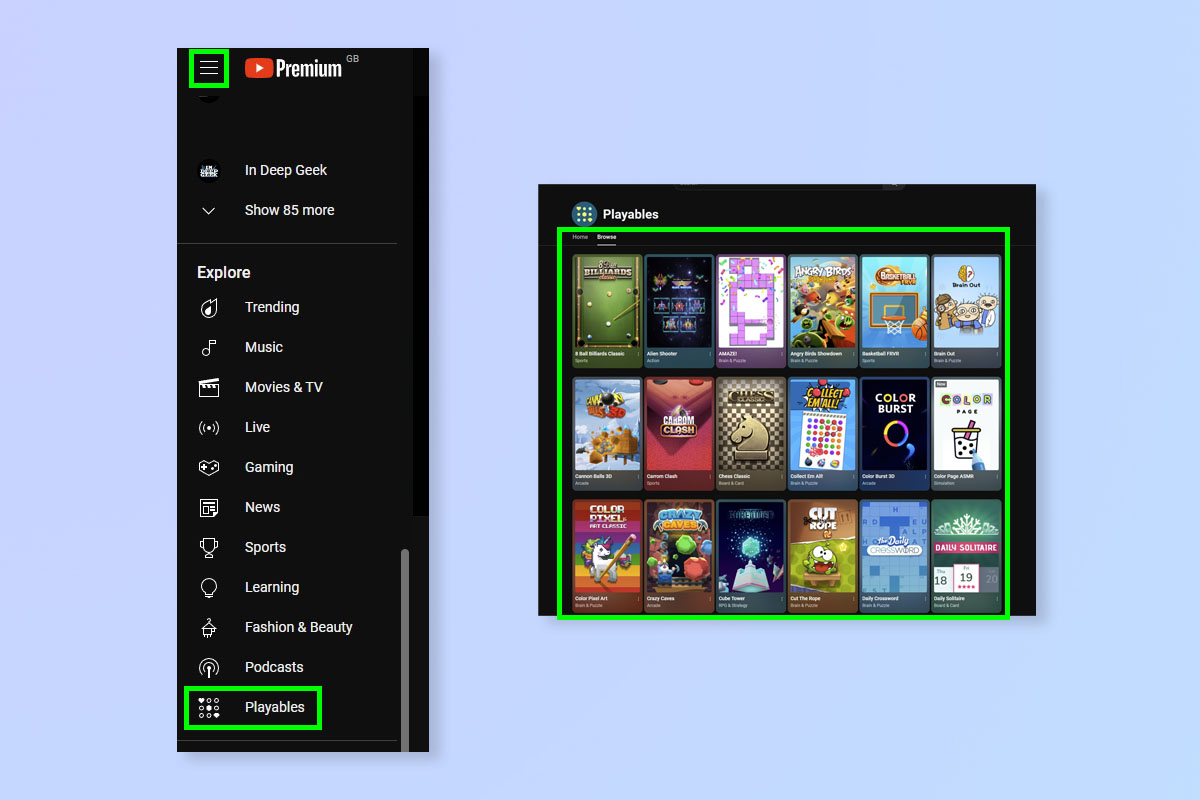 צילום מסך המראה כיצד לשחק משחקים ביוטיוב באמצעות דפדפן מחשב