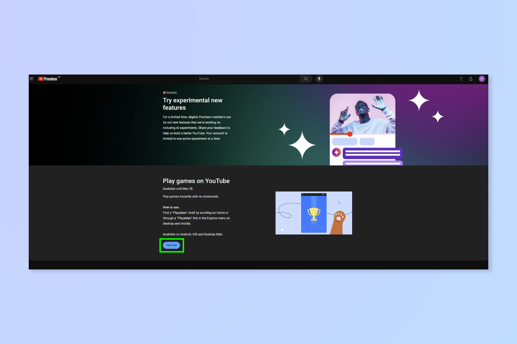 צילום מסך המראה כיצד לשחק משחקים ביוטיוב באמצעות דפדפן מחשב