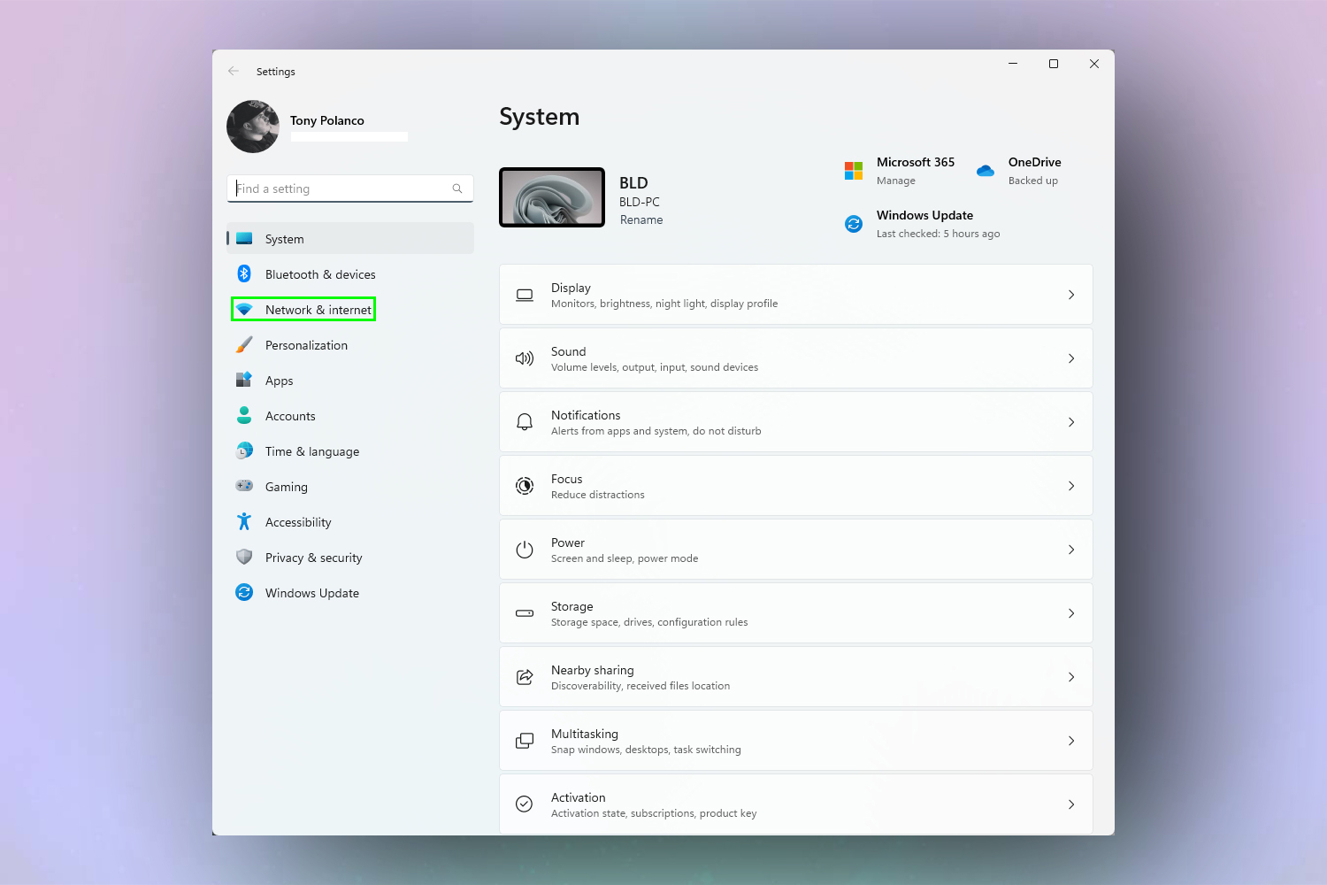 צילום מסך המציג את תפריט הרשת והאינטרנט של Windows