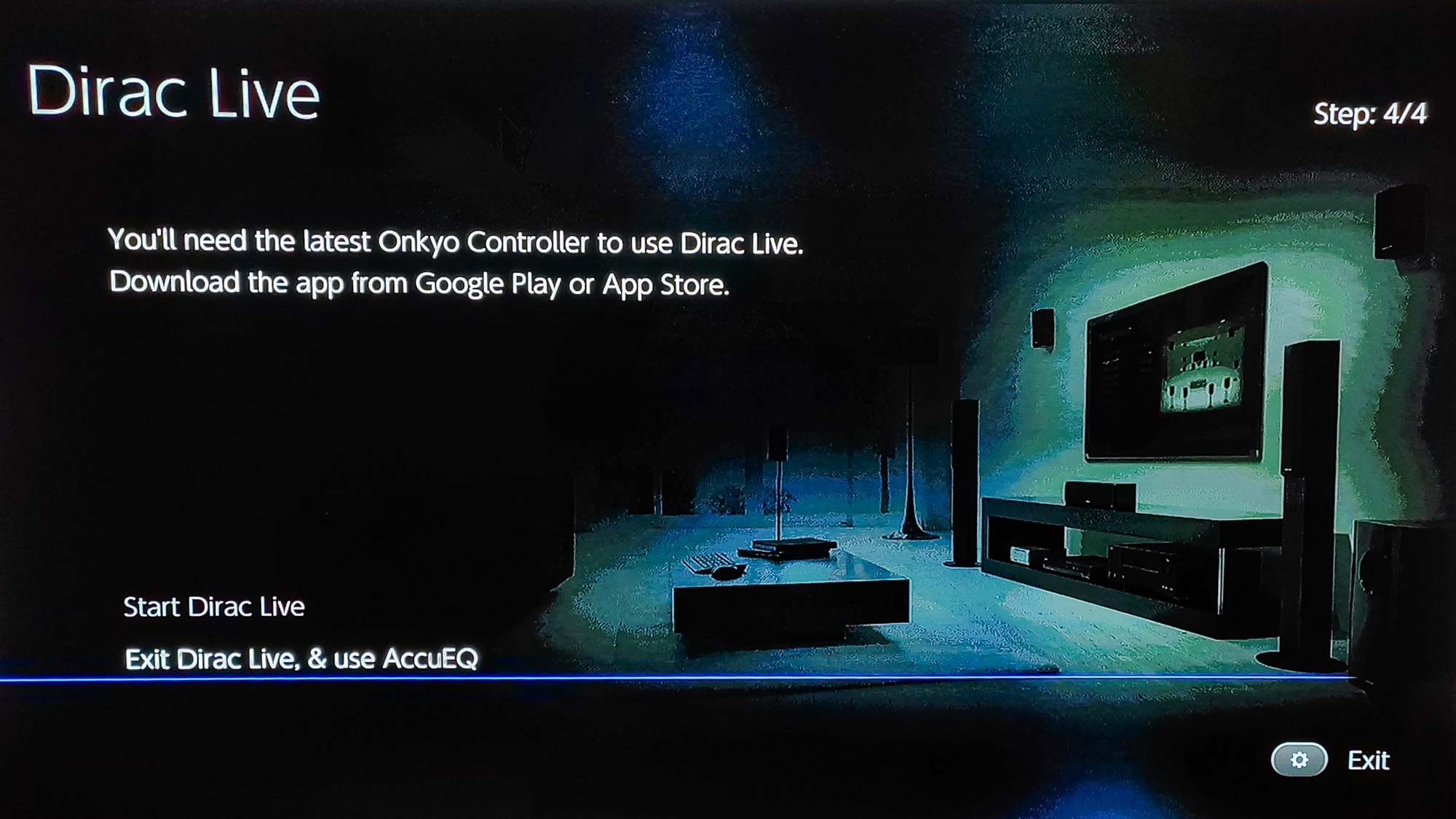 מסך Dirac Live במהלך הגדרת Onkyo TX-NR7100