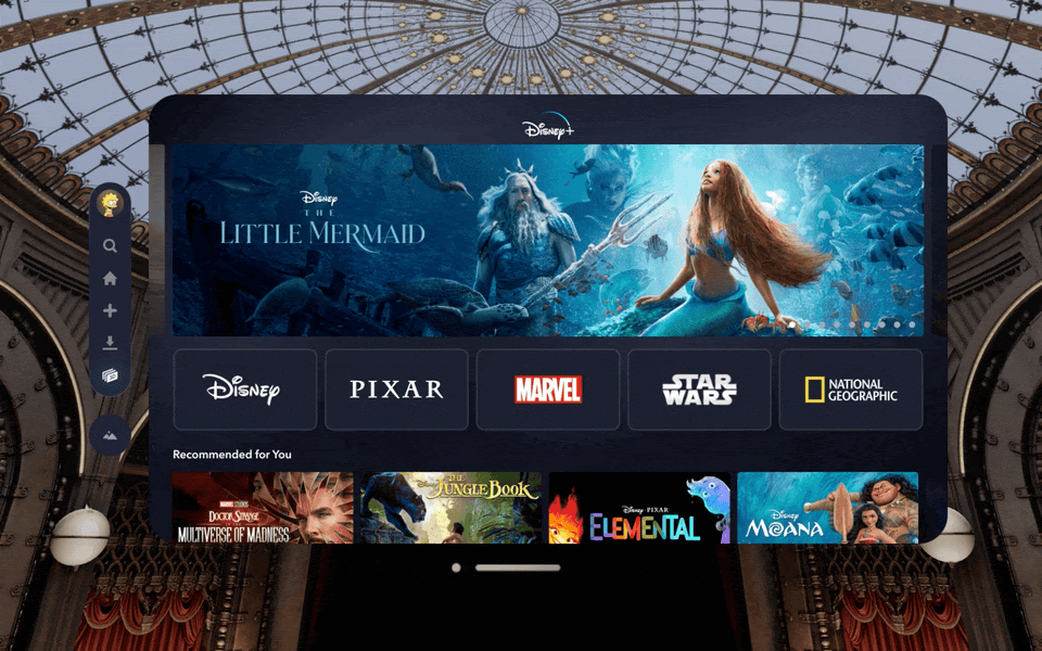 GIF המדגים את אפשרות הצפייה בתלת מימד לסרטים בדיסני פלוס באמצעות Apple Vision Pro.