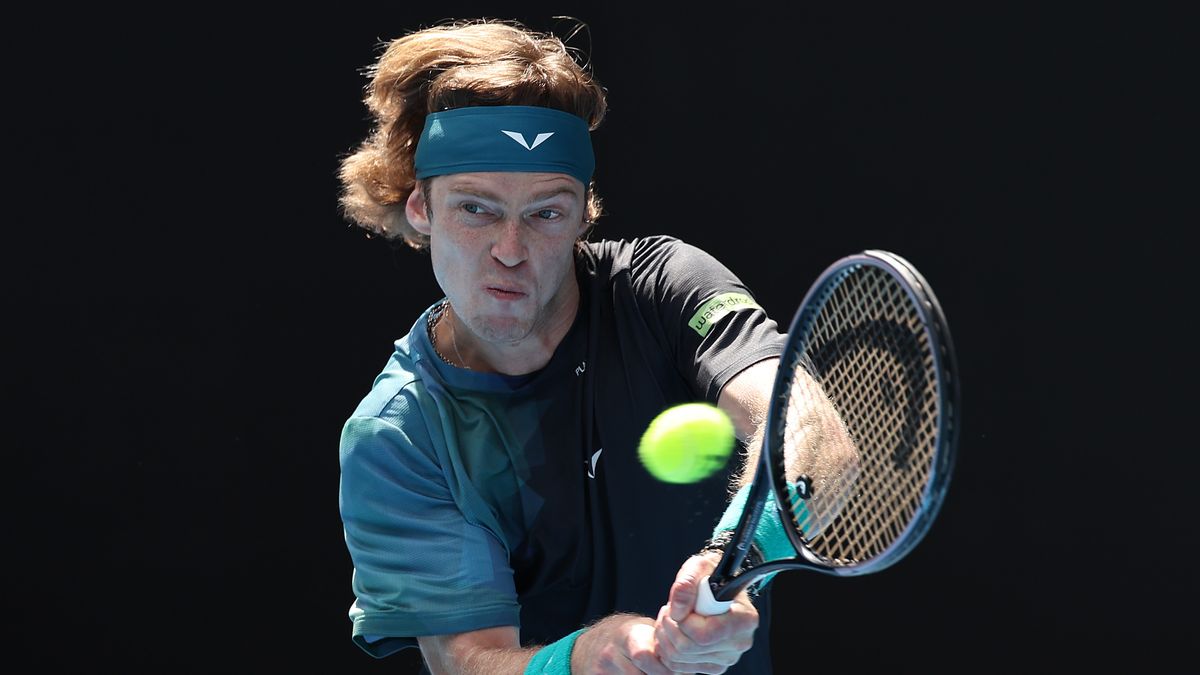 Andrey Rublev plays a backhand in the Australian Open 2024 ahead of the Eubanks vs Rublev live stream