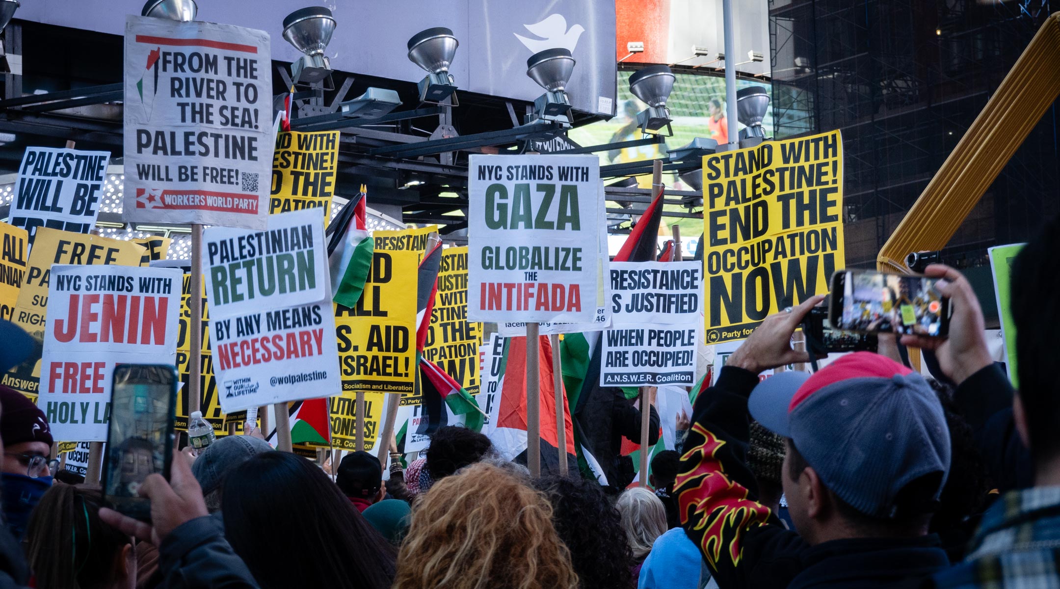 Pro-Palestinian demonstrators in Times Square, New York City, October 13, 2023. (Luke Tress)