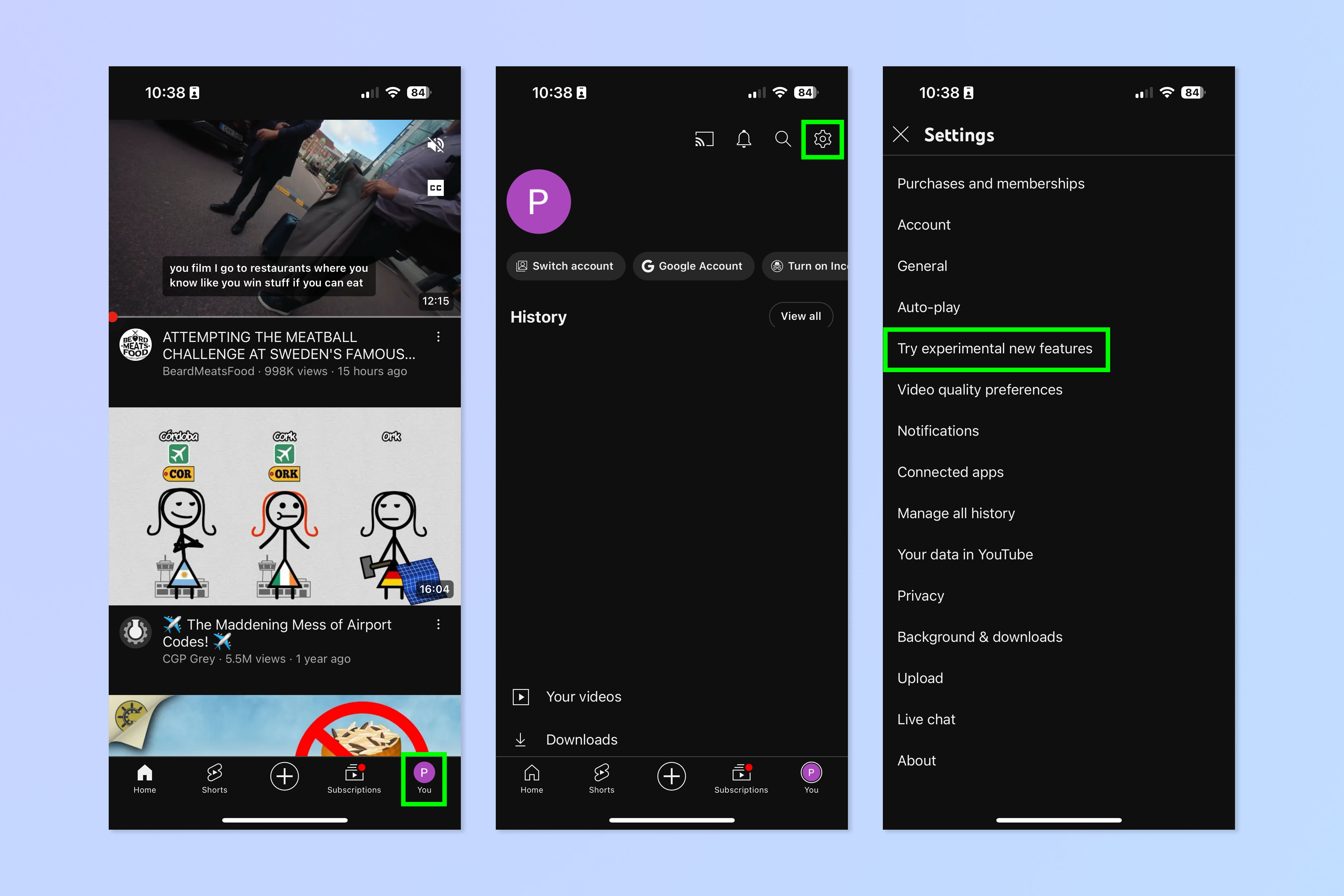 צילום מסך המראה כיצד לשחק משחקים באפליקציית YouTube לנייד