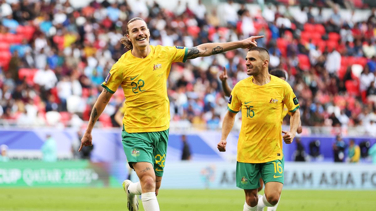Jackson Irvine of Australia celebrates ahead of the Syria vs Australia live stream at AFC Asian Cup 2023