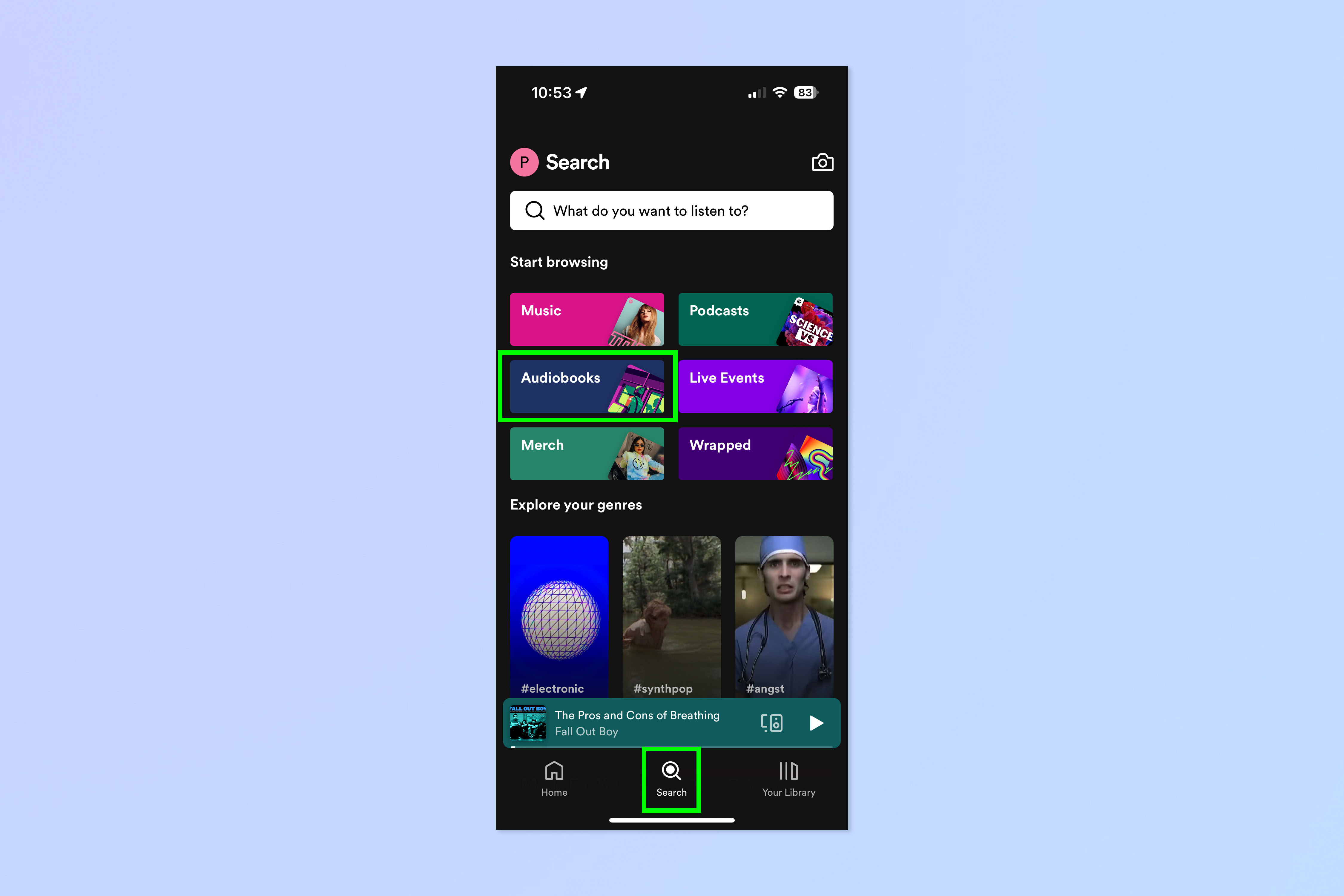 צילום מסך המראה כיצד להאזין לספרי שמע בספוטיפיי