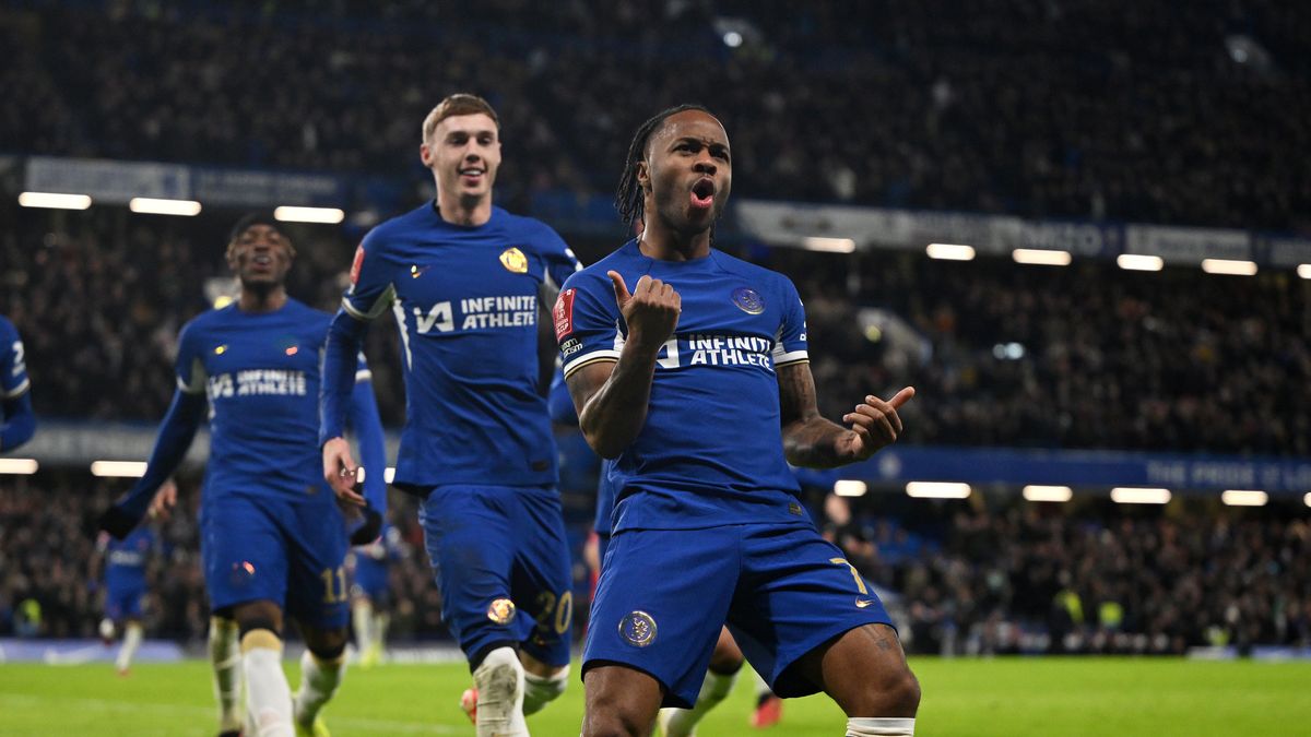 Raheem Sterling of Chelsea celebrates scoring ahead of the Chelsea vs Middlesbrough live stream in the Carabao Cup semi-final 2024