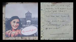 גלויה המתארת ​​את אנה פרנק עם 'גז היהודים' שנשלחה למאפייה הכשרה של אטלנטה