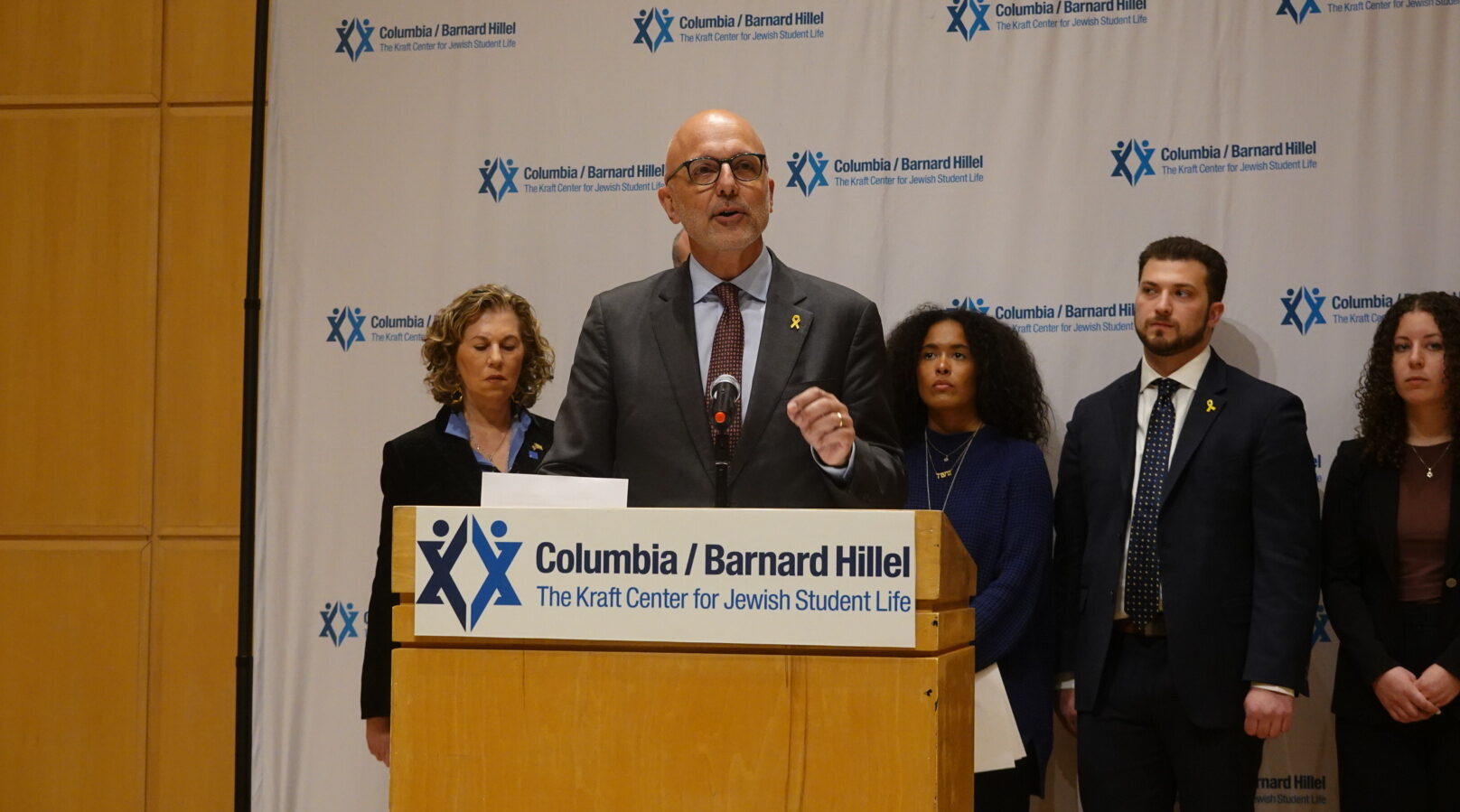 Ted Deutch, the head of the American Jewish Committee, speaks at Columbia's center for Jewish life, April 26, 2024. (Luke Tress)