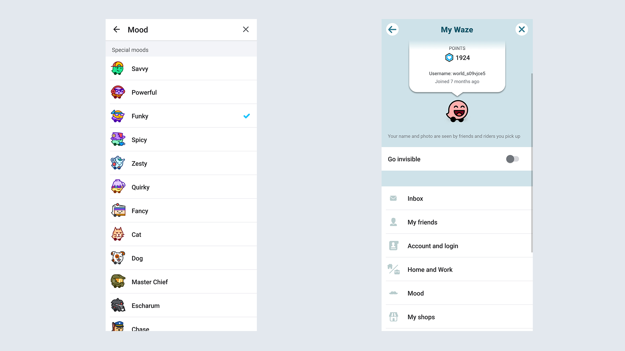 תפריט לשינוי מצב הרוח של waze