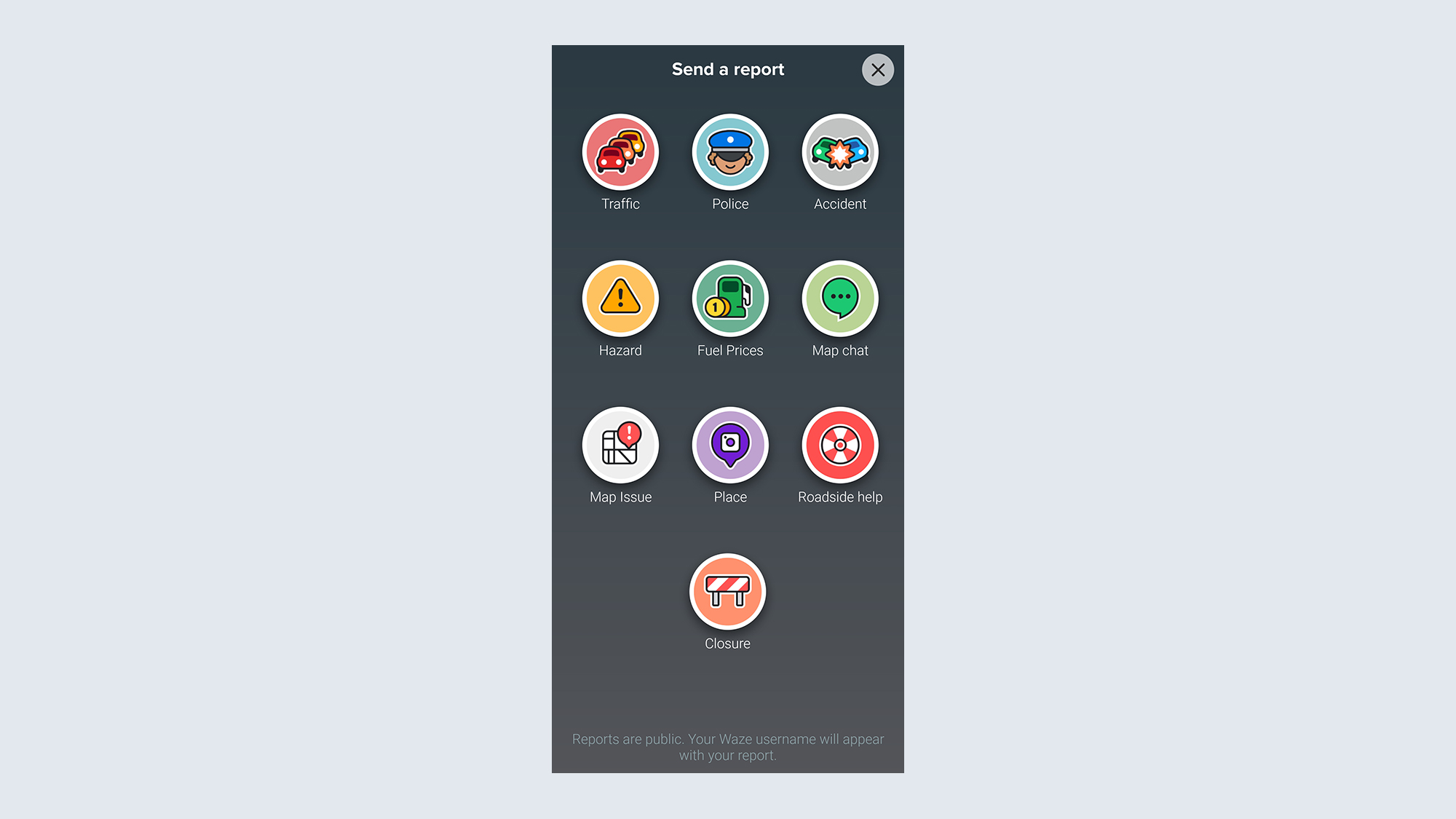 תפריט דיווח על אירועים של waze