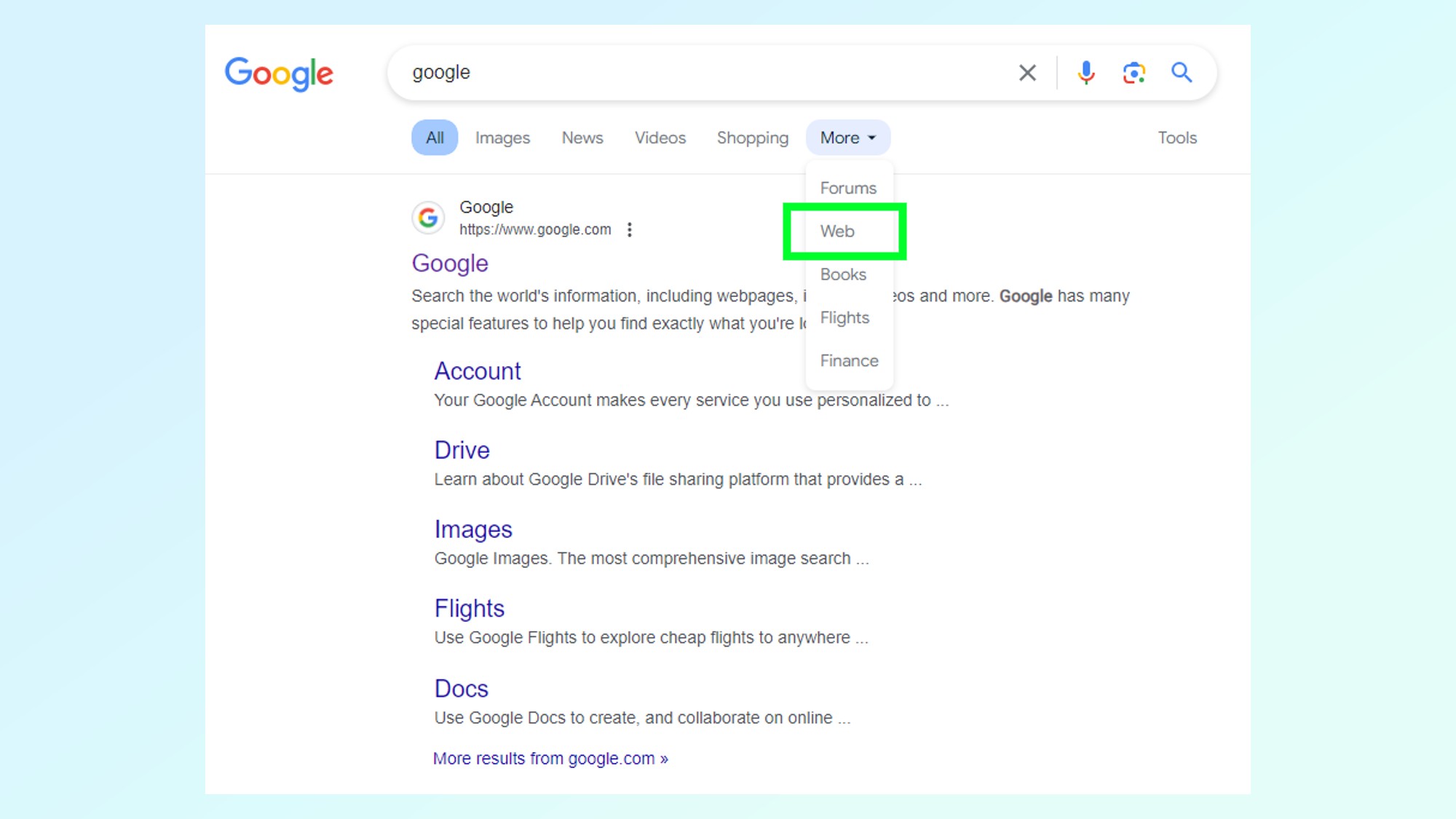 דף תוצאות החיפוש של Google עם ה- 