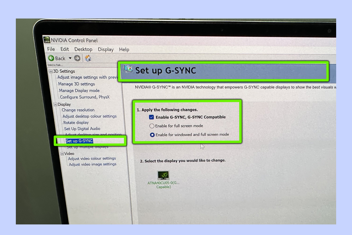 הגדרות Nvidia G-Sync במחשב נייד ROG Zephyrus G14 למשחקים.