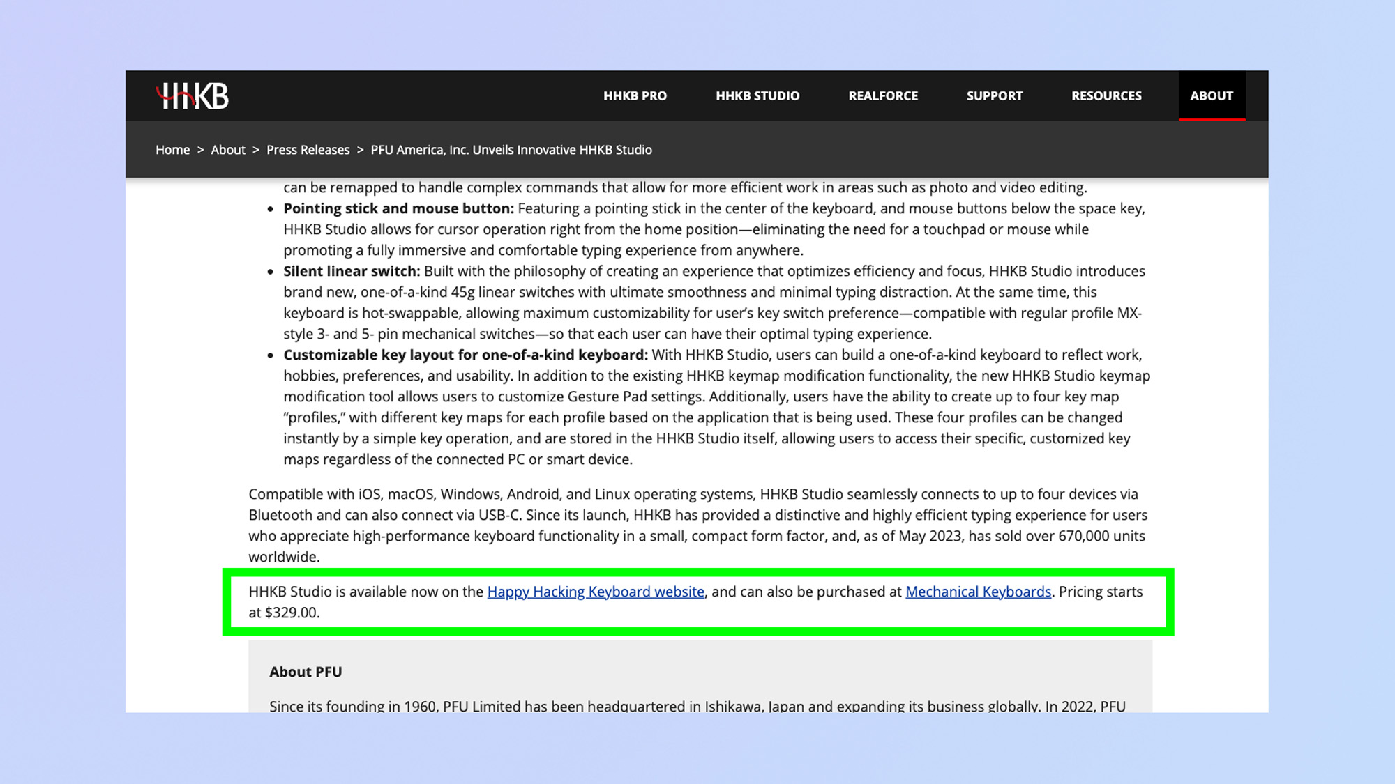צילום מסך של ההודעה לעיתונות של HHKB PFU כשהשורה מציגה את מחיר המחירון בעת ​​ההשקה מודגשת