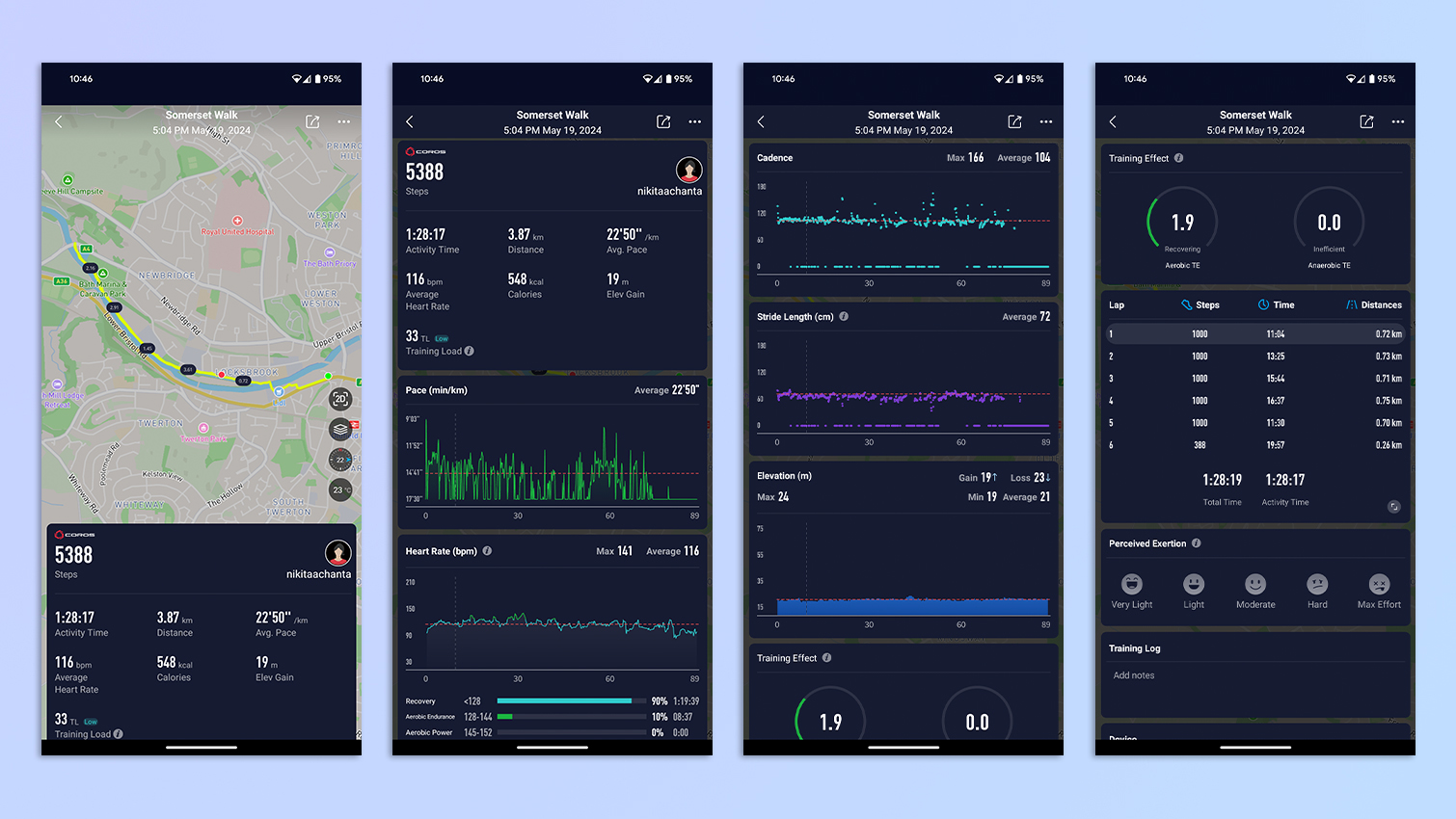 צילומי מסך המציגים את אפליקציית Coros ב-Google Pixel 7 Pro