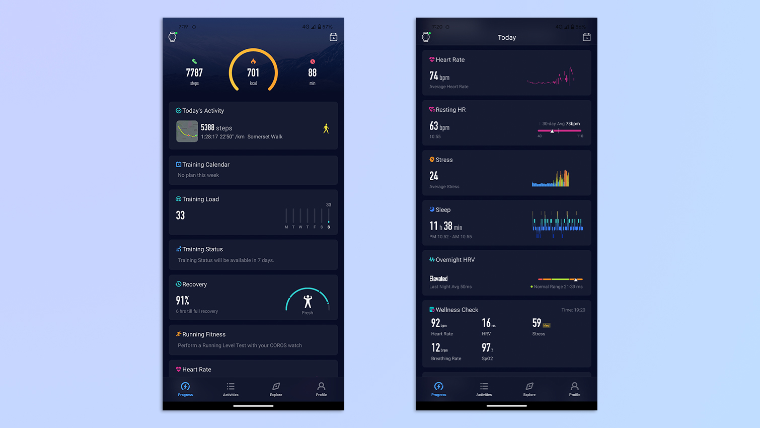 צילומי מסך המציגים את אפליקציית Coros ב-Google Pixel 7 Pro