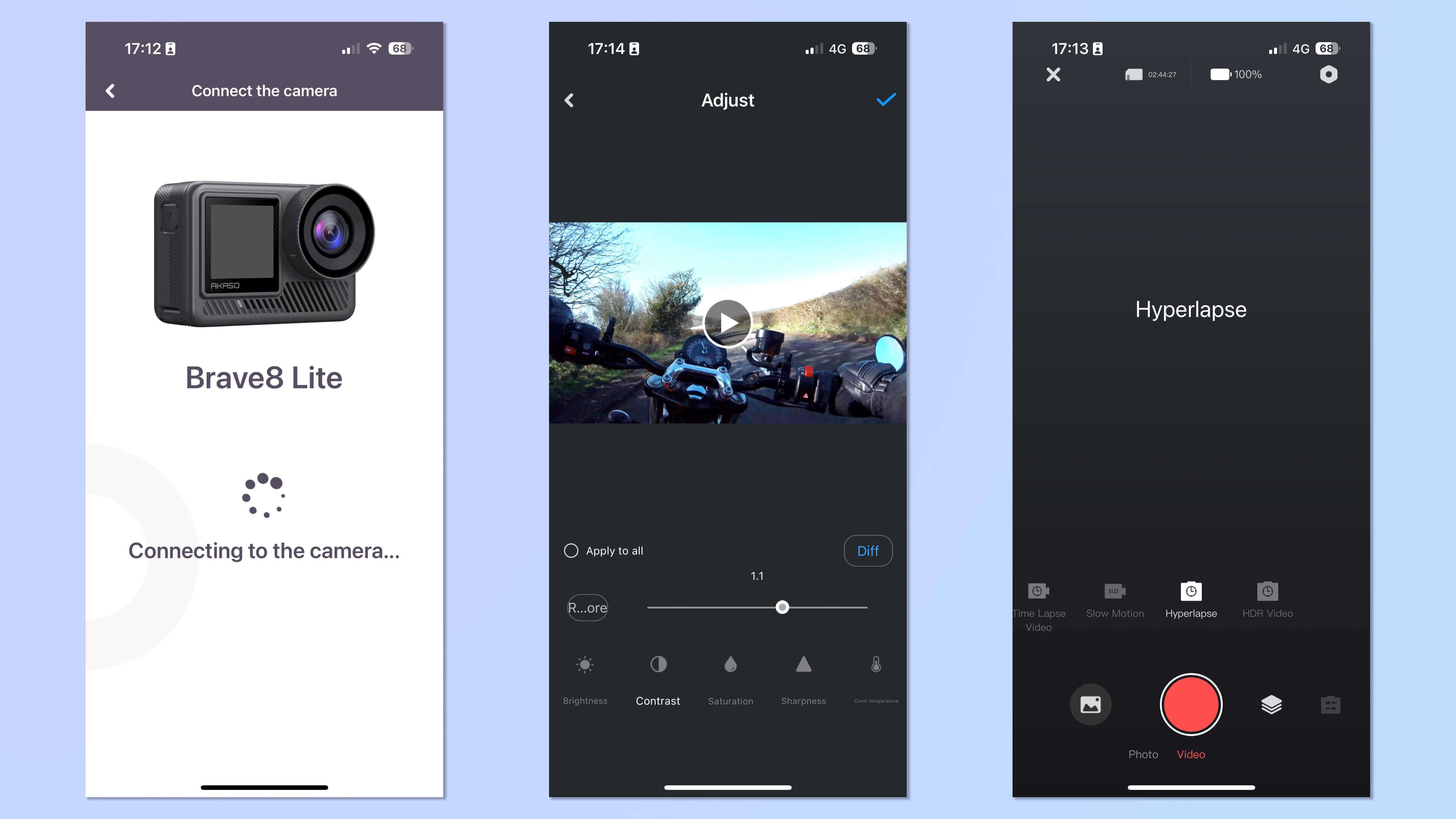 שלושה צילומי מסך של אפליקציית Akaso Go