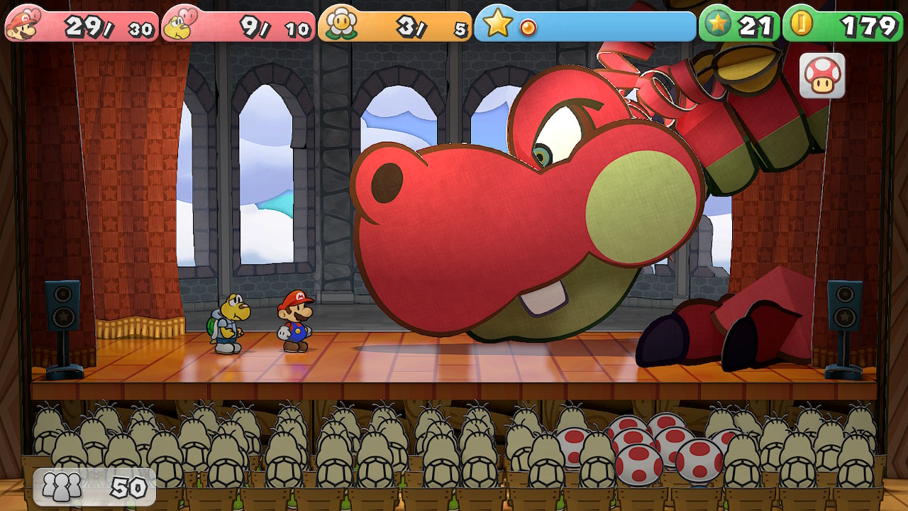 צילום מסך מתוך Paper Mario: The Thousand-Year Door מראה את מריו וקופס מתמודדים עם זנב הדרקון בקרב