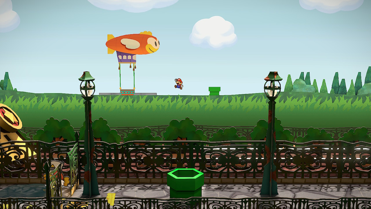 צילום מסך מתוך Paper Mario: The Thousand-Year Door שמראה את מריו קופץ ברקע