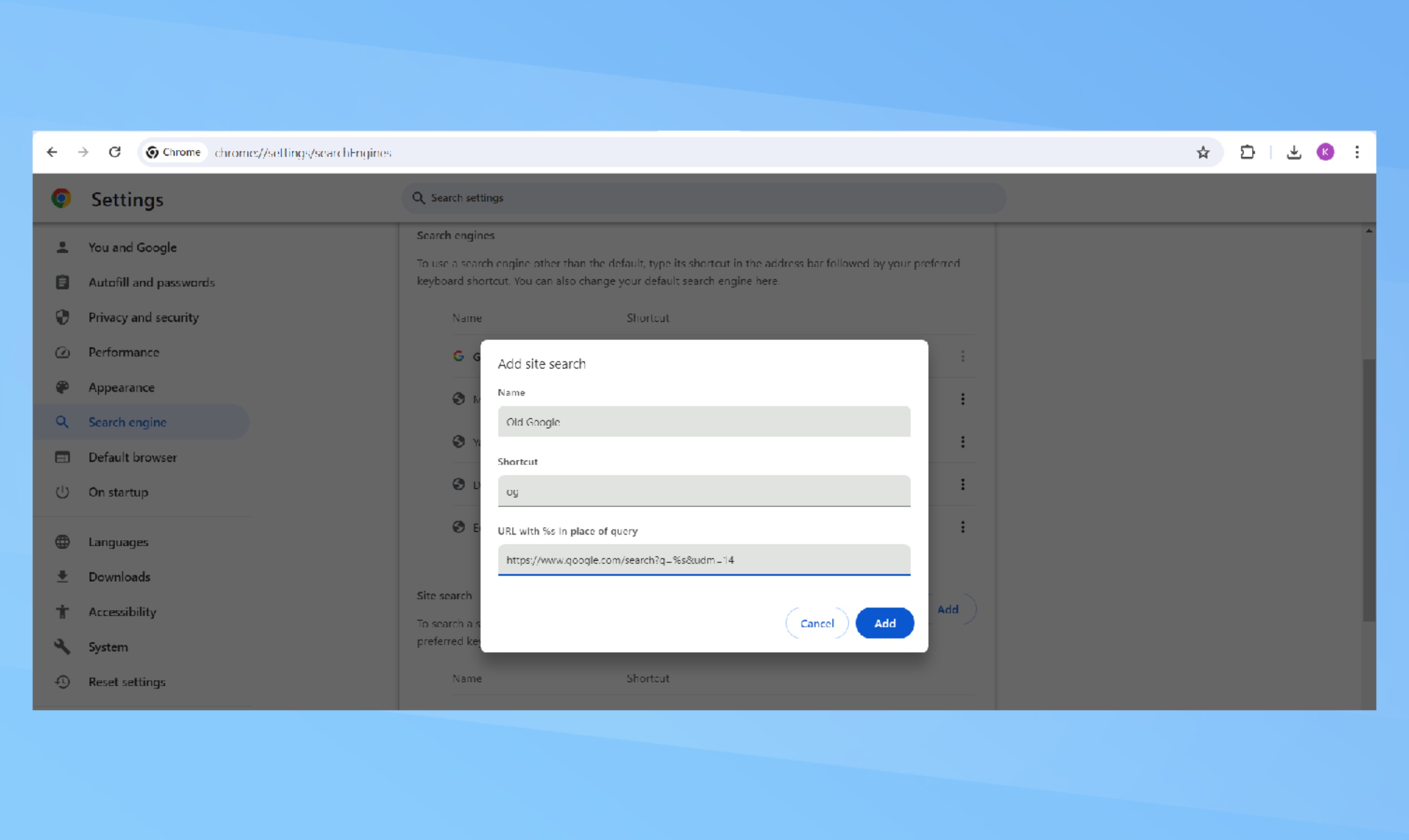צילום מסך של תפריט ההגדרות של Google chrome נפתח ל'הוסף חיפוש באתר'.  בשדה השם כתוב 'גוגל הישנה', בשדה הקיצור כתוב 'og', וכתובת האתר עם %s במקום השאילתה ממולאת. 
