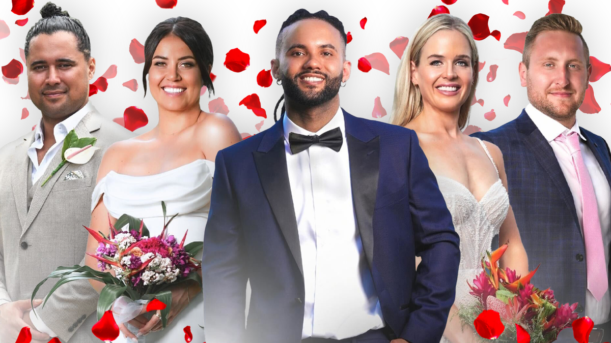 Married At First Sight New Zealand season 4 brides and grooms in wedding outfits