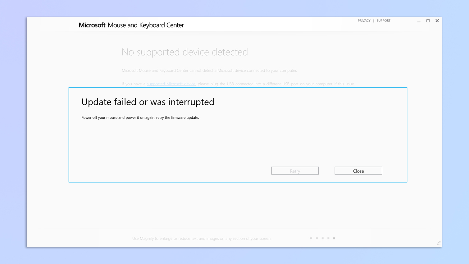 צילום מסך של האפליקציה Microsoft Mouse and Keyboard Center