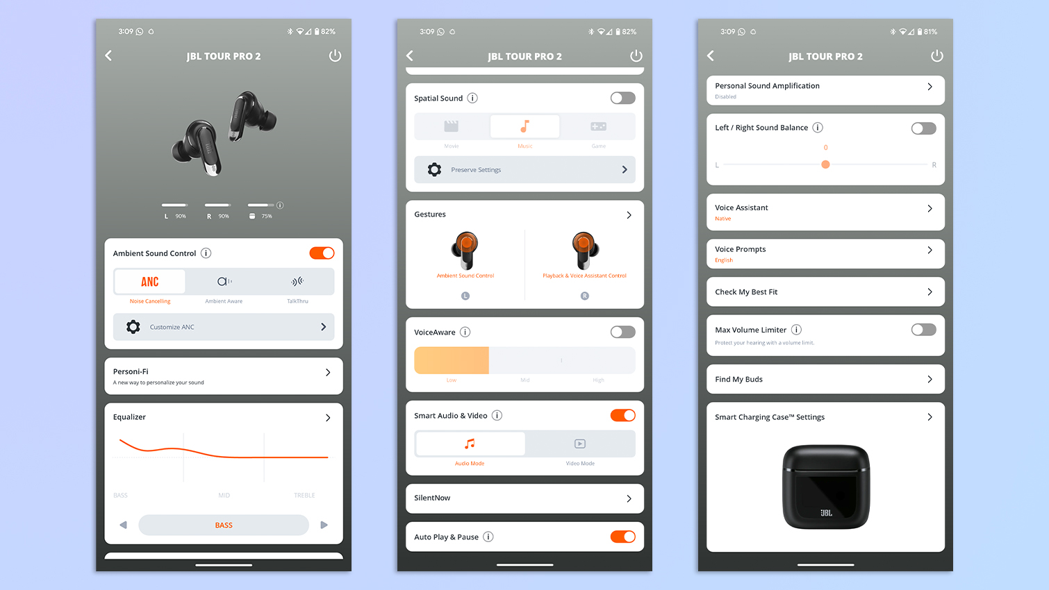 אוסף של צילומי מסך המציגים את אפליקציית האוזניות JBL ב-Google Pixel 7 Pro